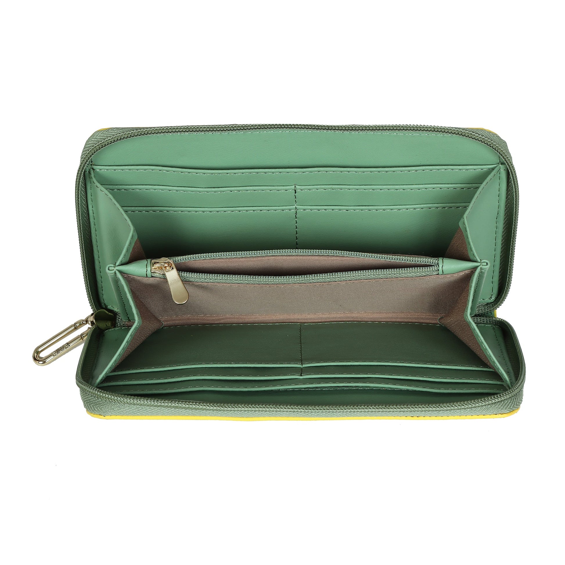 EUME Bandwing Clutch interior with compartments and zip pocket.
