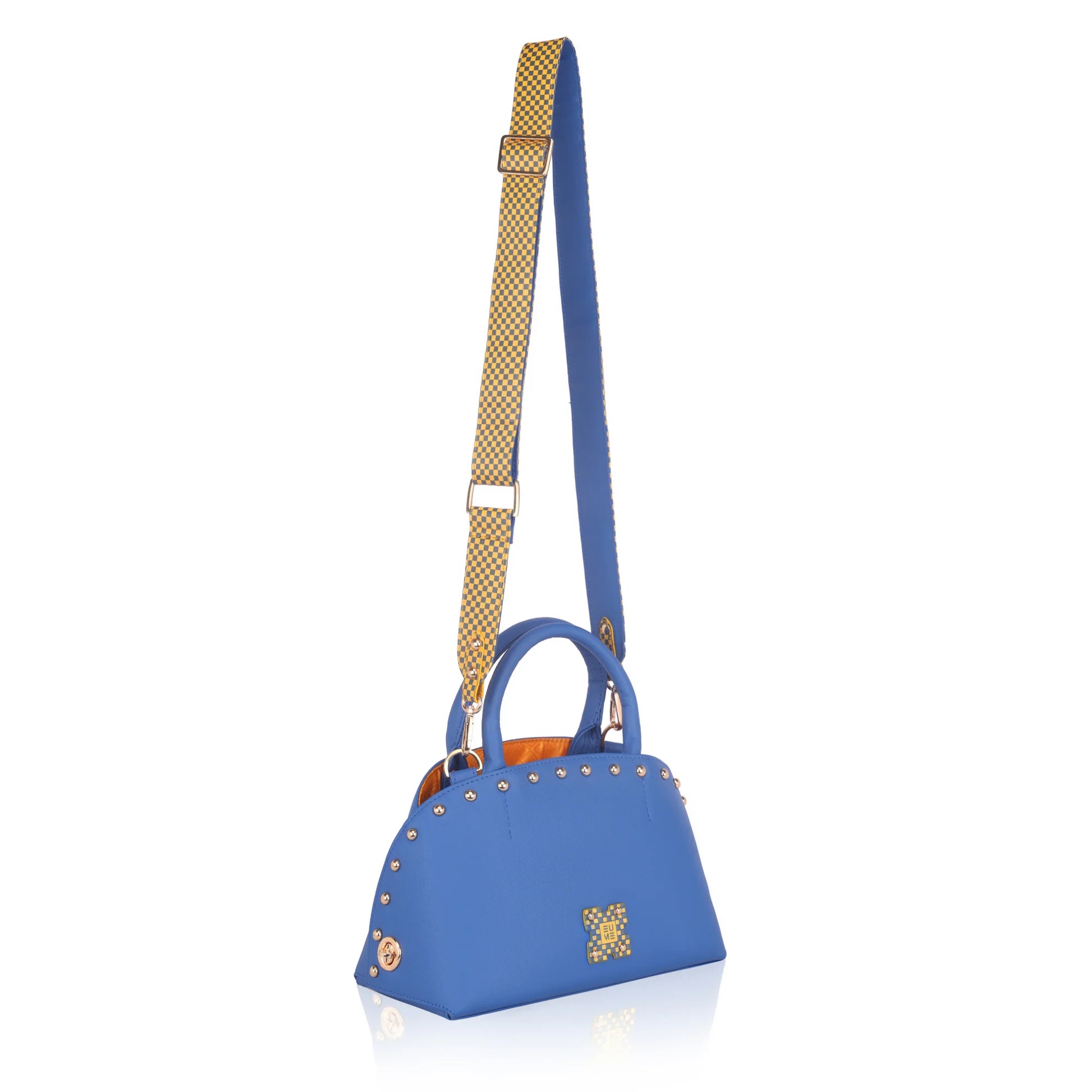 Blue Marigold Satchel Bag with studded detailing and patterned strap.