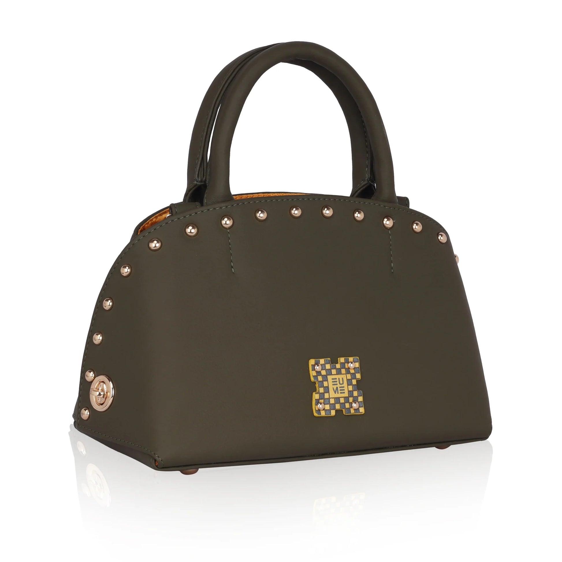"Stylish Marigold Satchel Bag with studded details and elegant design."