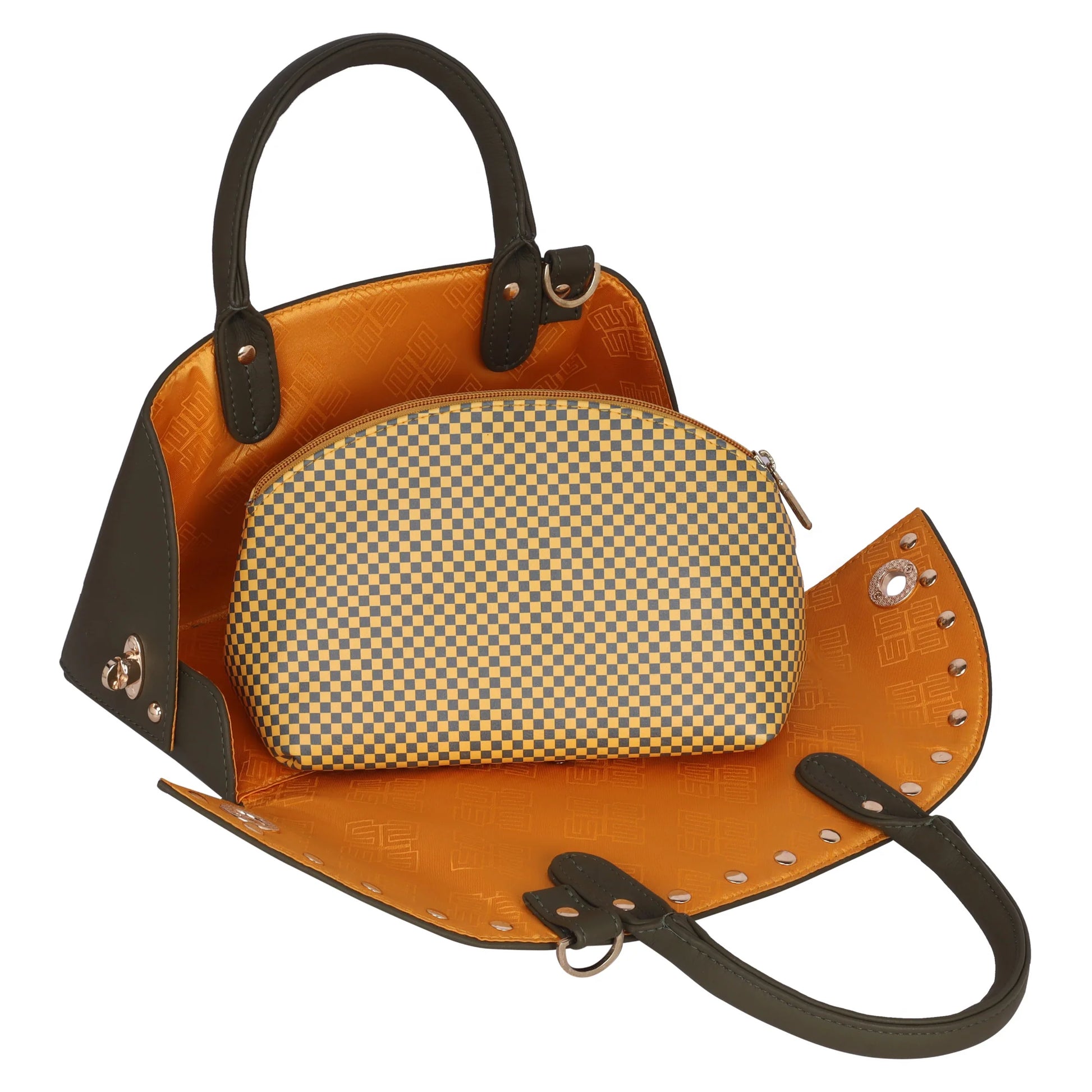 Marigold Satchel Bag with interior pouch in vibrant orange and checkered design.