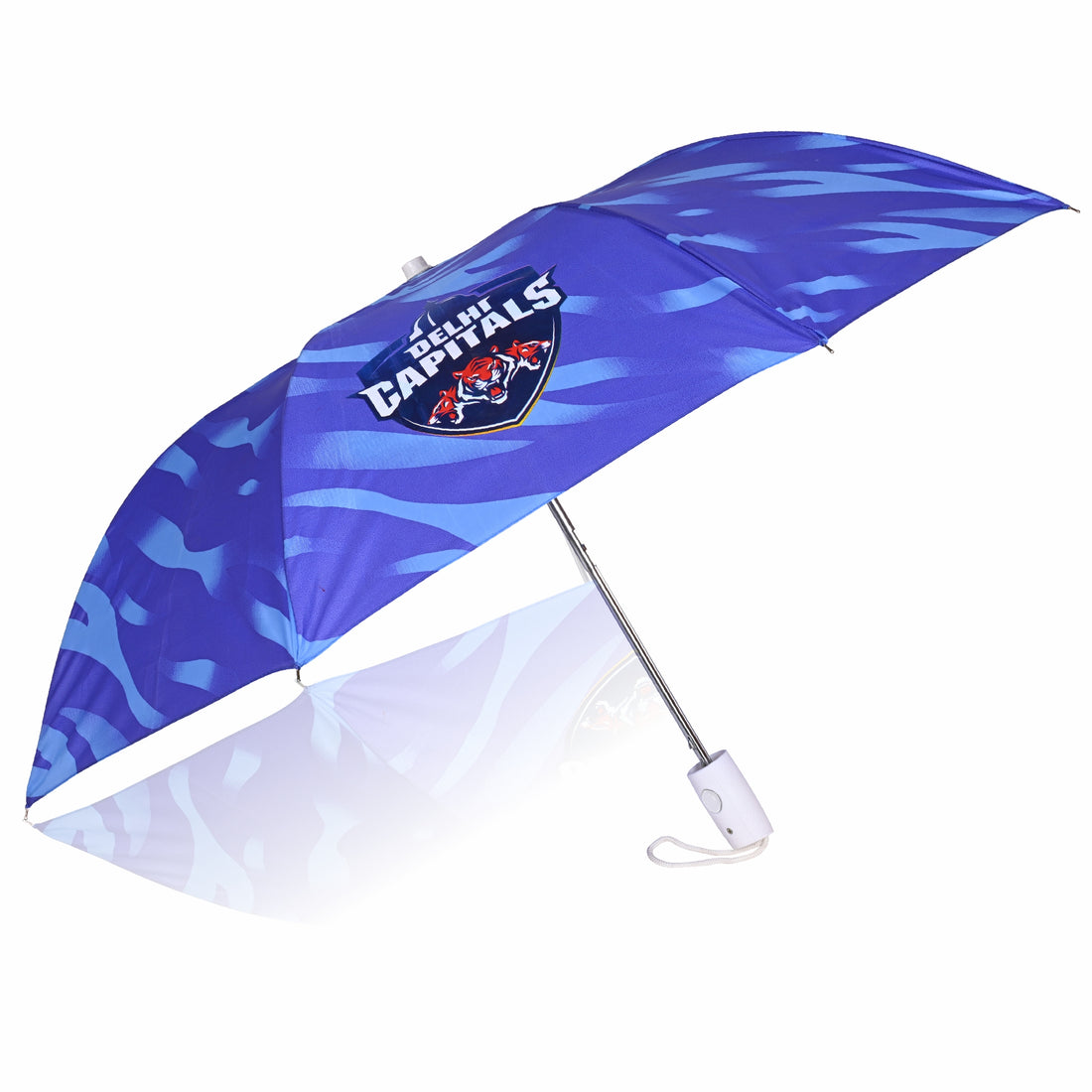 Blue Delhi Capitals branded umbrella with logo and patterns