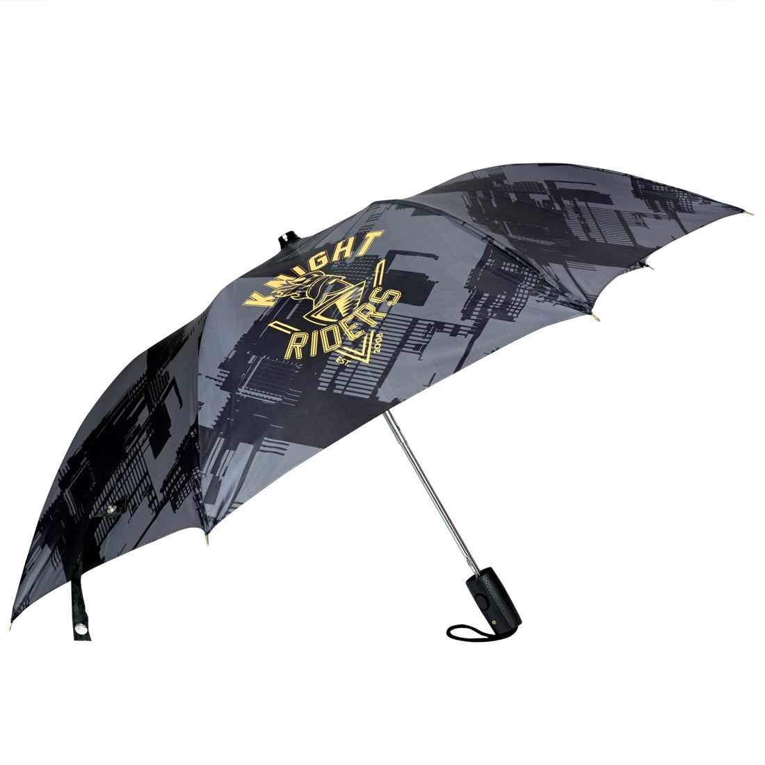 Knight Riders printed black umbrella with cityscape design