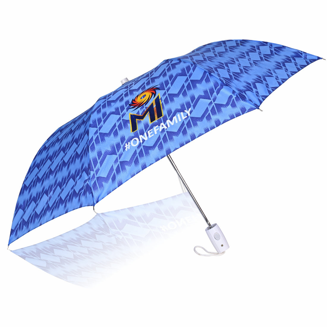 Blue MI umbrella with "ONEFAMILY" text and geometric pattern.