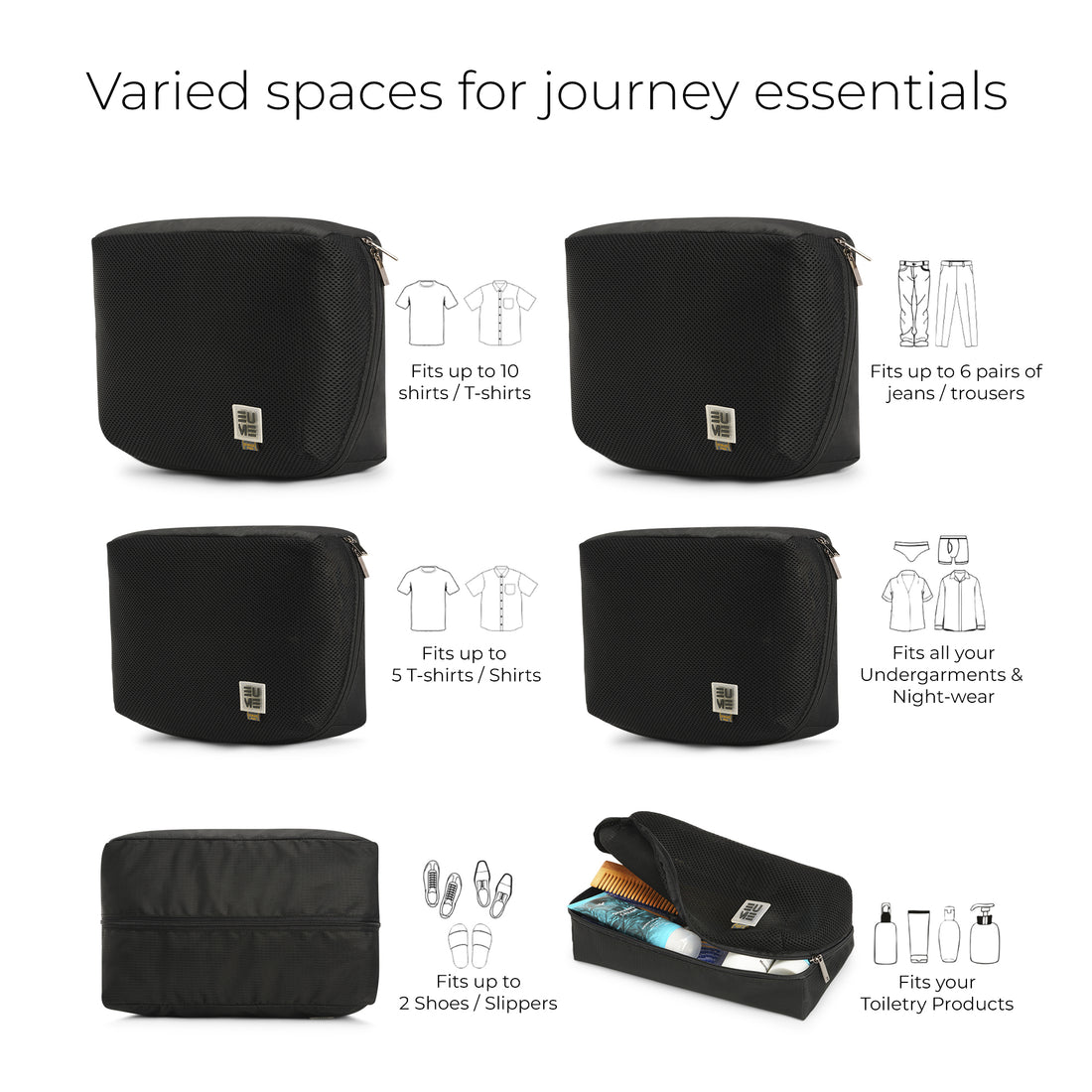 Set of 6 black packing cubes for organized storage and travel.