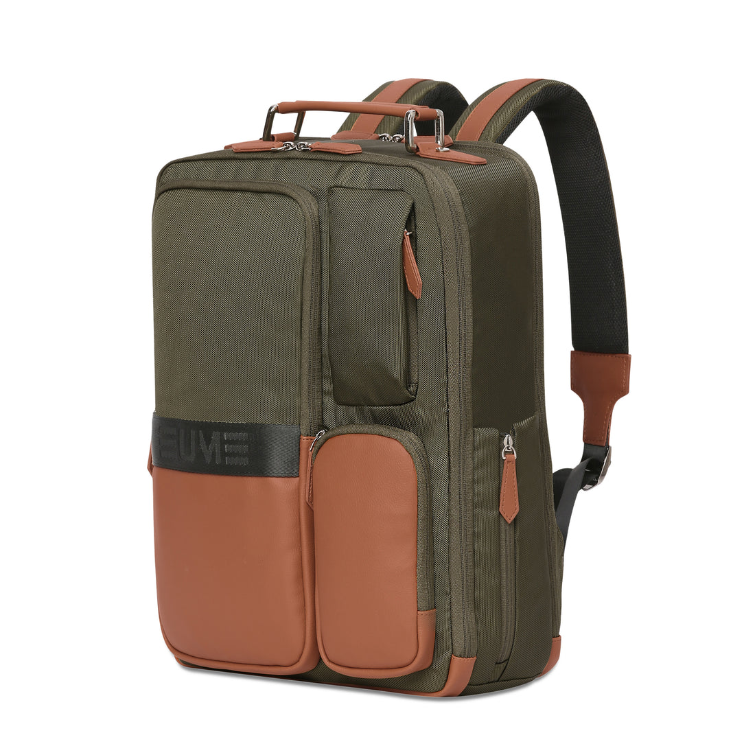 Modern green and brown multifunctional backpack with multiple compartments and padded straps.