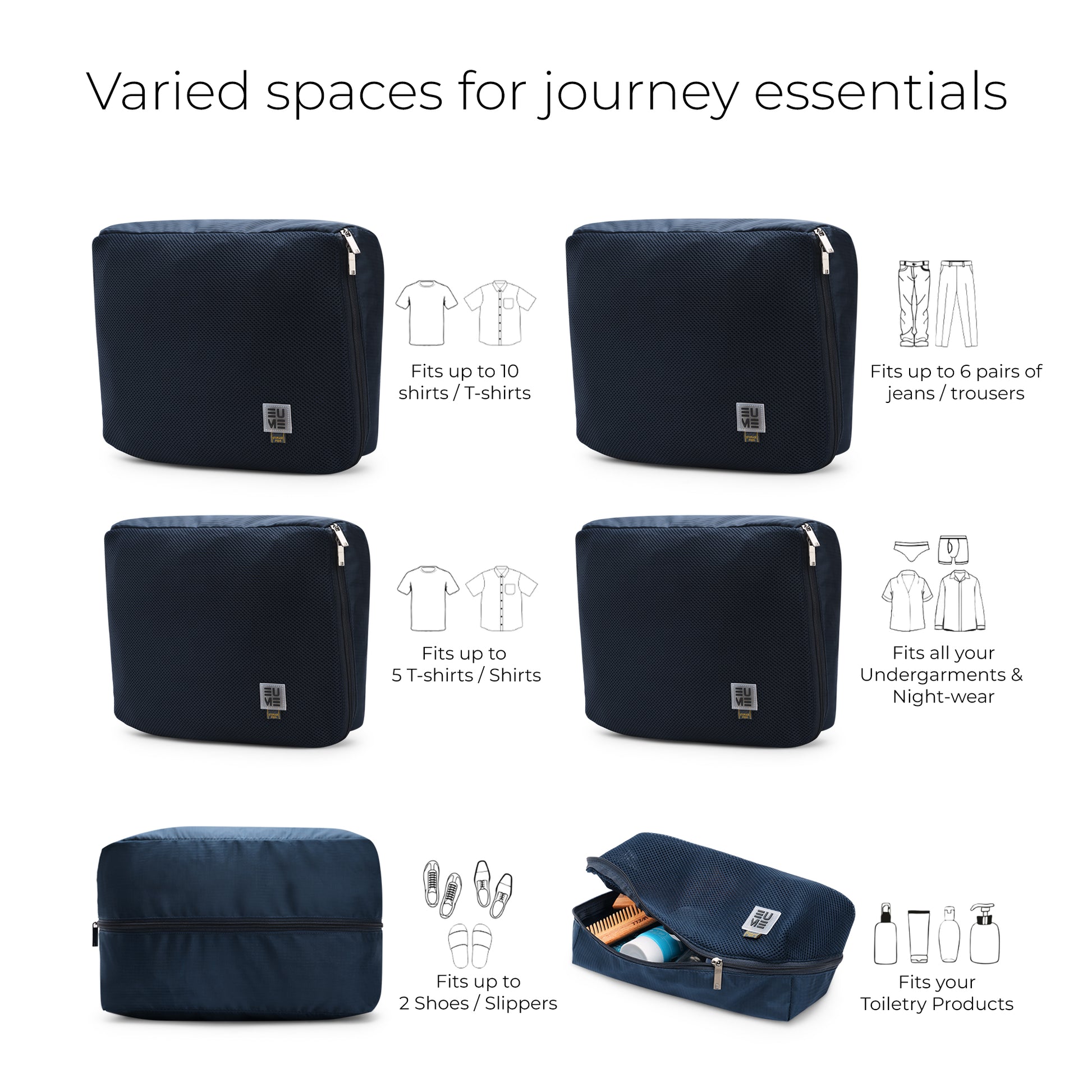 Storage pods and packing cubes set for organized travel essentials.