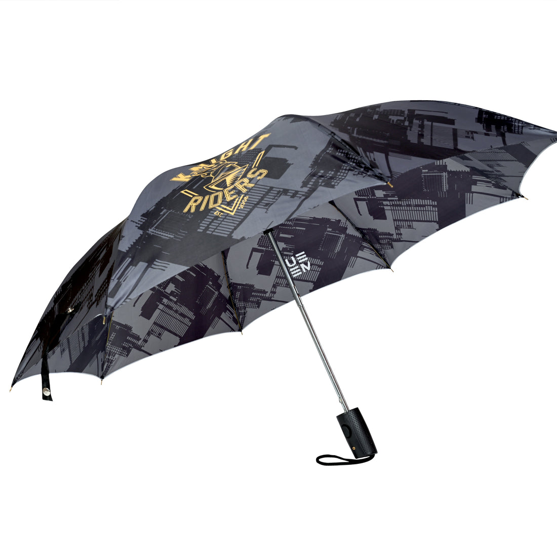 Knight Riders printed black umbrella with cityscape design