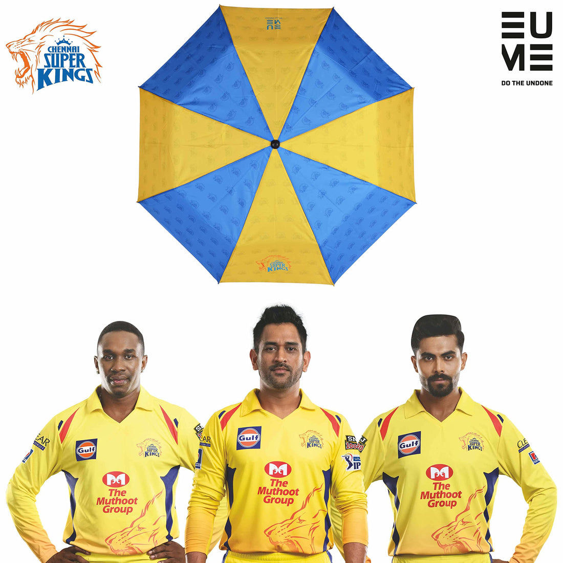 Blue and yellow umbrella with Super Kings logo.