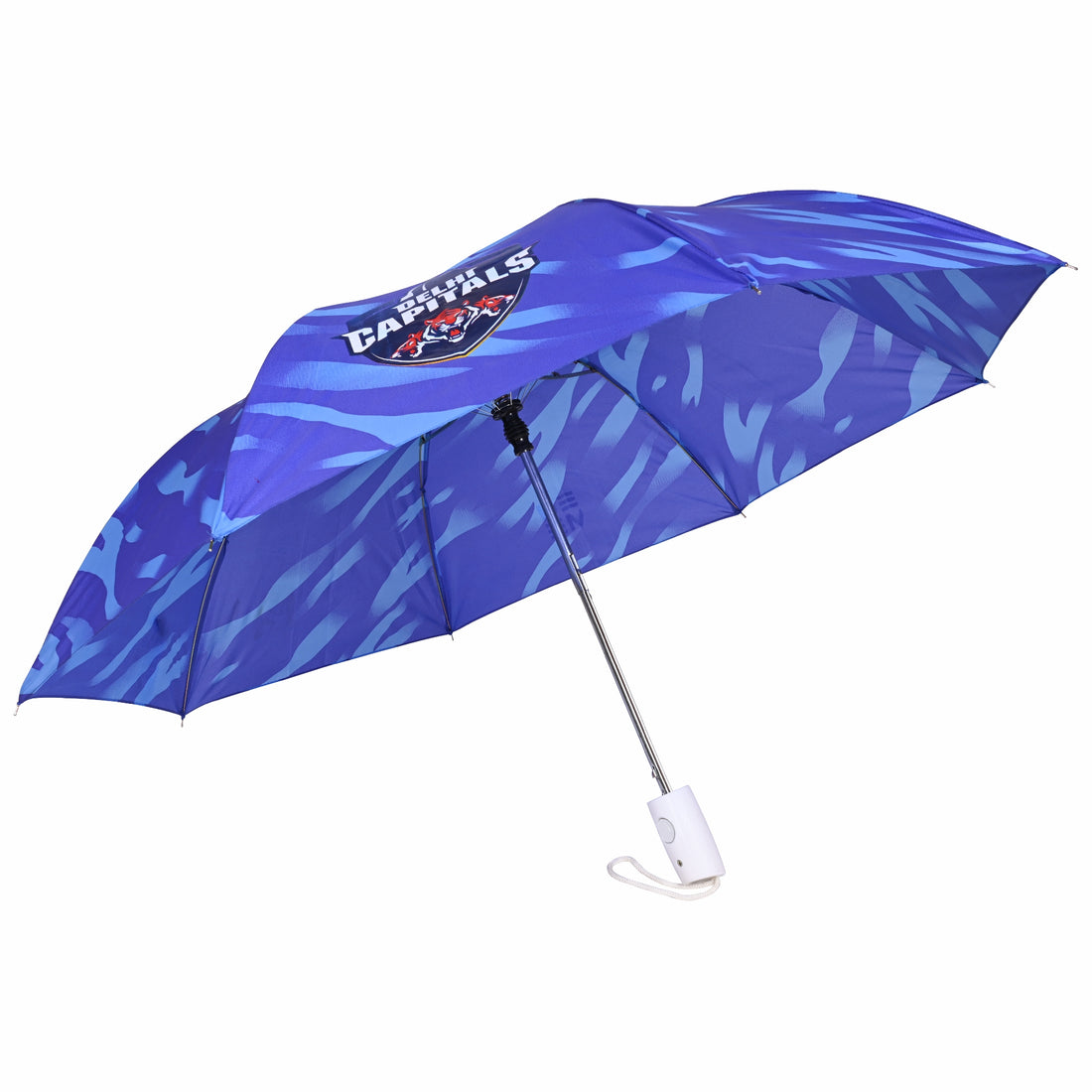 Blue Delhi Capitals branded umbrella with logo and patterns