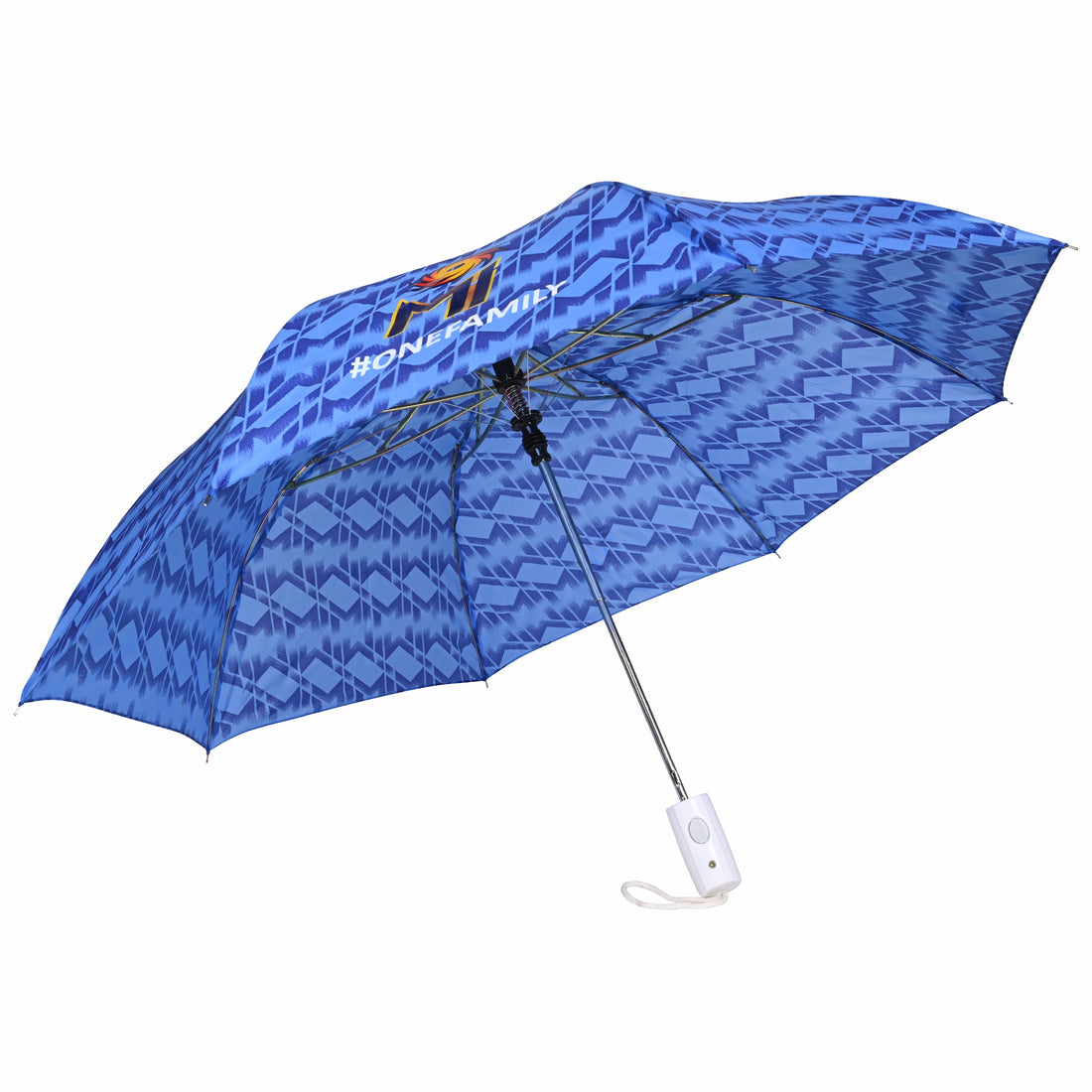 Blue MI umbrella with "ONEFAMILY" text and geometric pattern.