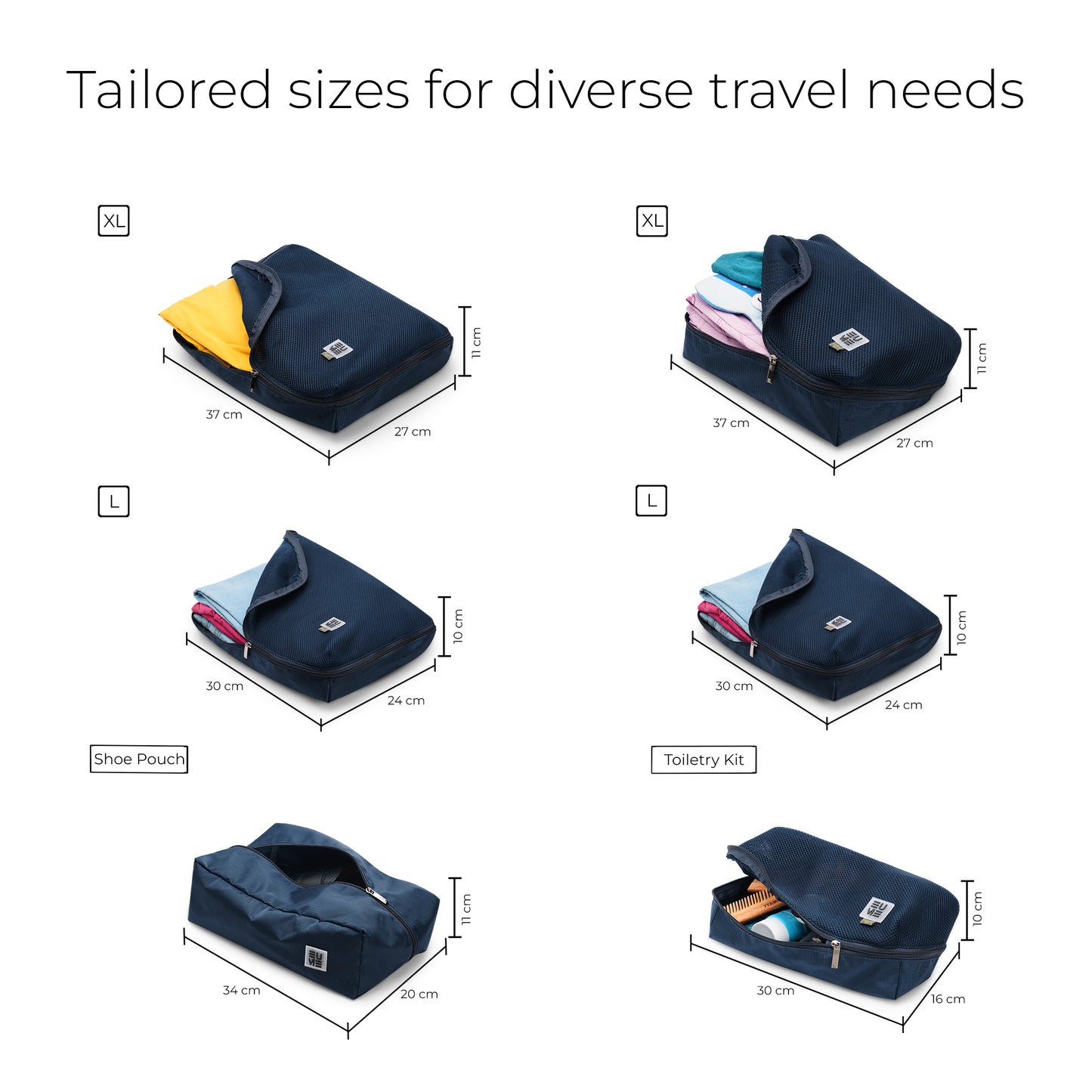 Storage Pods packing cubes set with diverse sizes for travel organization.