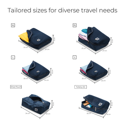 Storage Pods packing cubes set with diverse sizes for travel organization.
