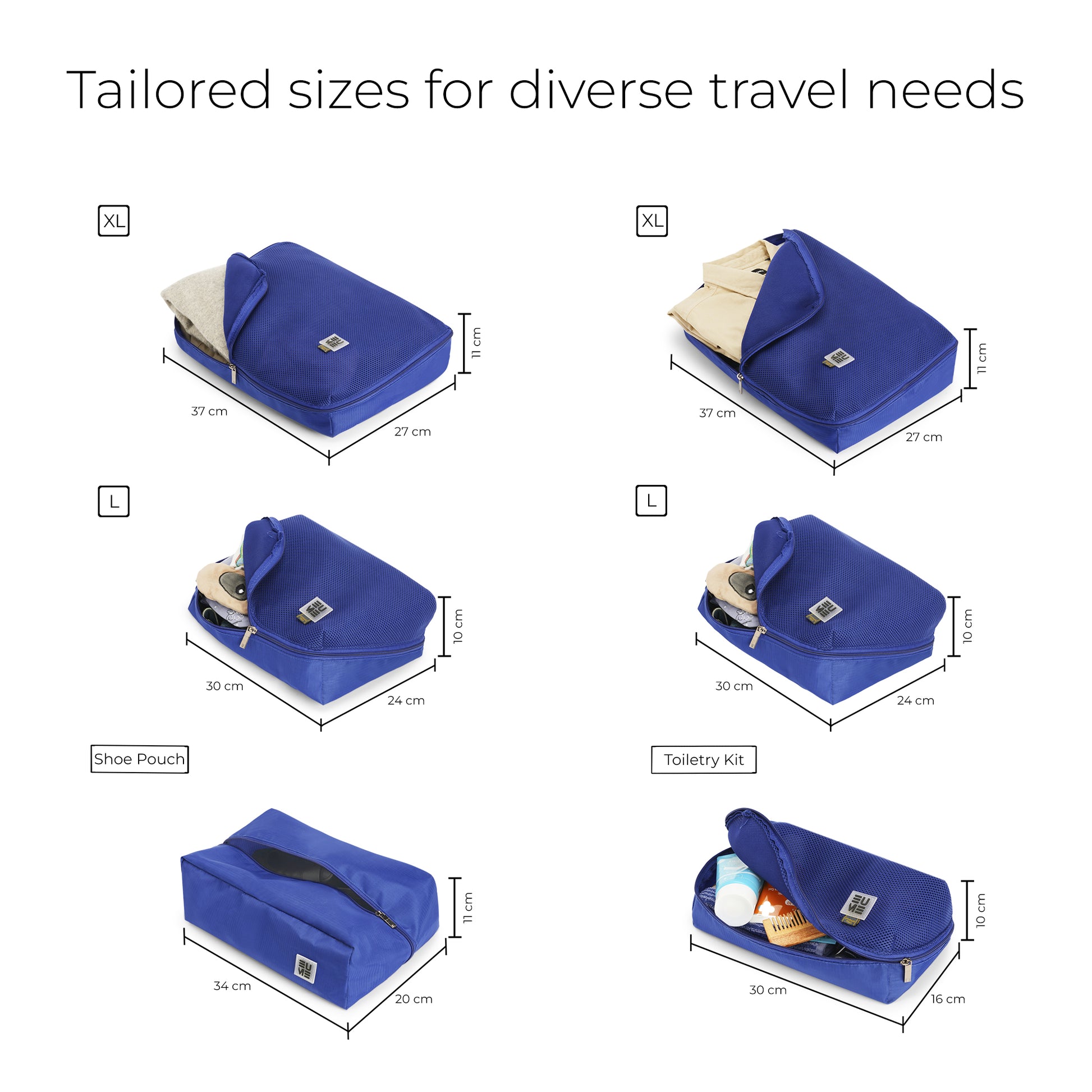 "Storage Pods packing cubes set with various sizes for travel organization."