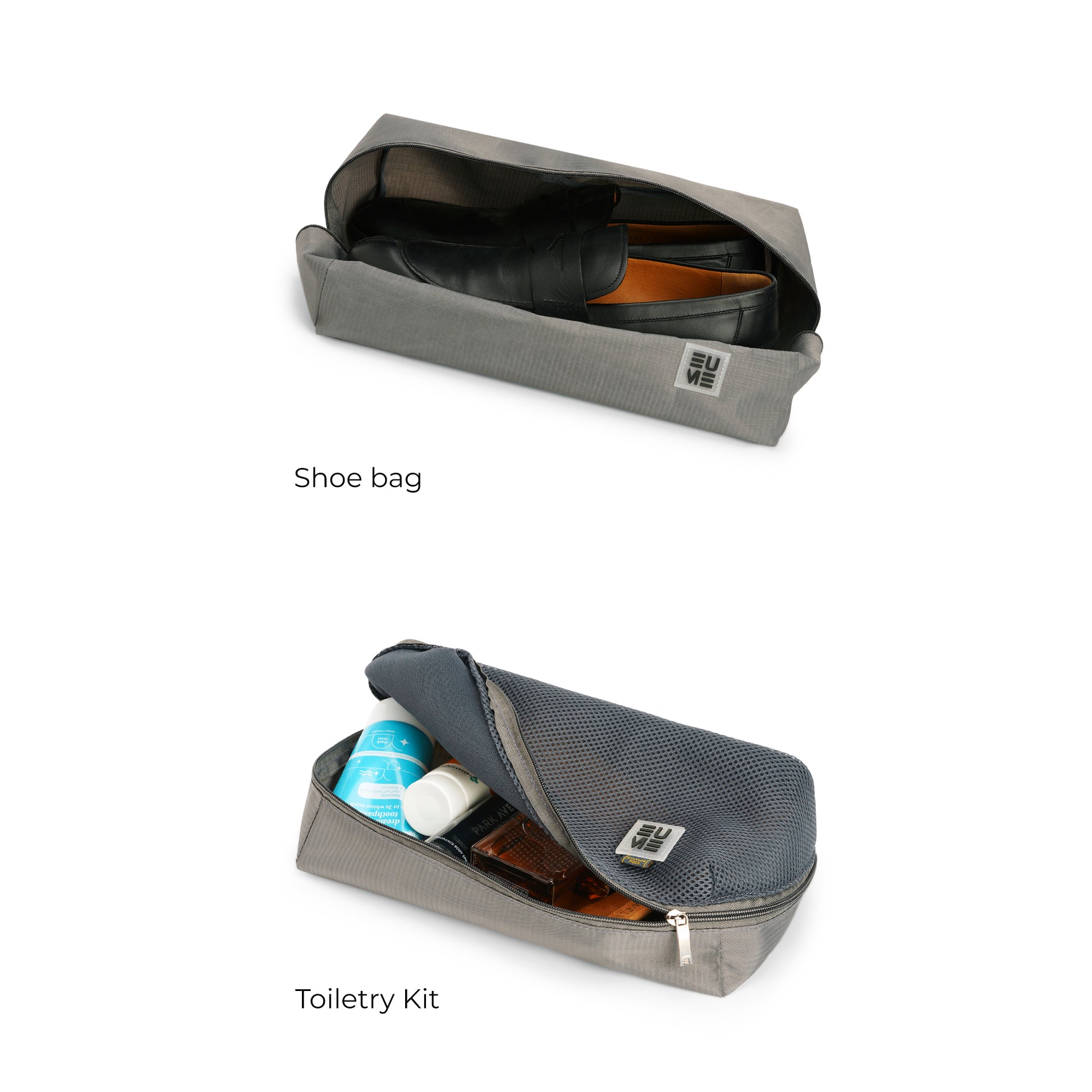 Shoe and toiletry bags from Storage Pods packing cubes set.