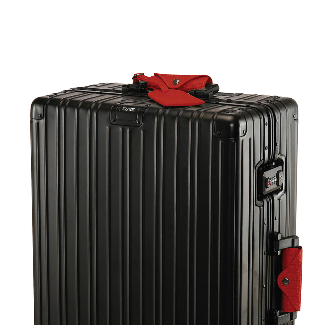 Red accessory kit featuring two roll cases and a luggage tag.