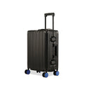 Aluminium Black Cabin suitcase with durable wheels and retractable handle.