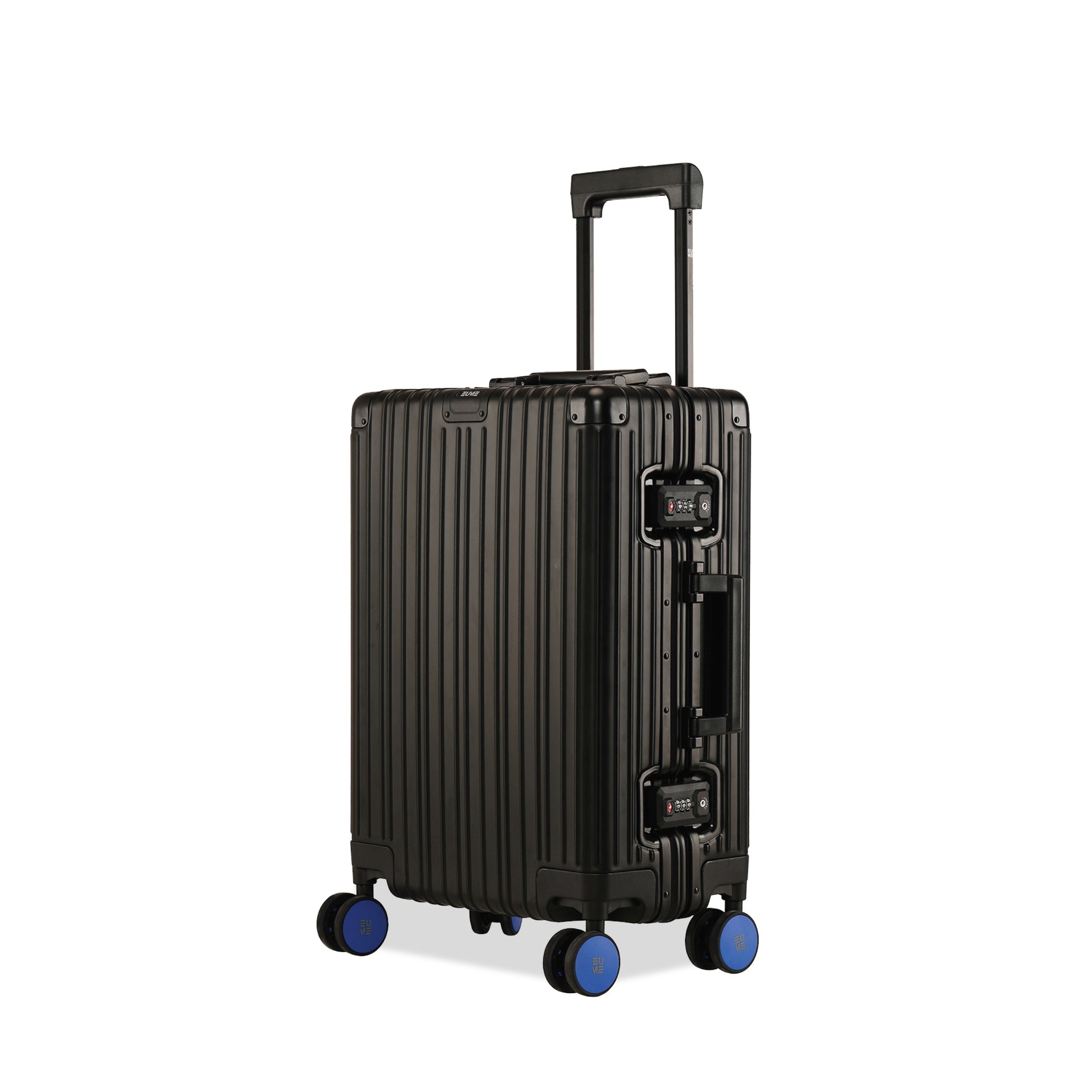 Aluminium Black Cabin suitcase with durable wheels and retractable handle.