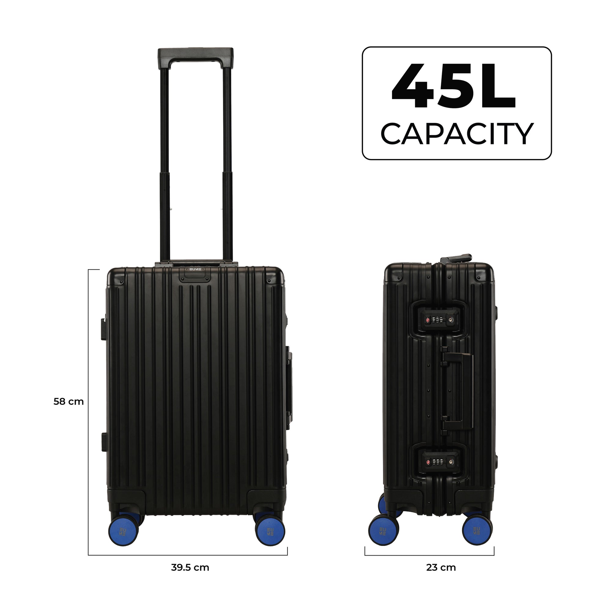 Aluminium black cabin suitcase with 45L capacity and dimensions displayed.