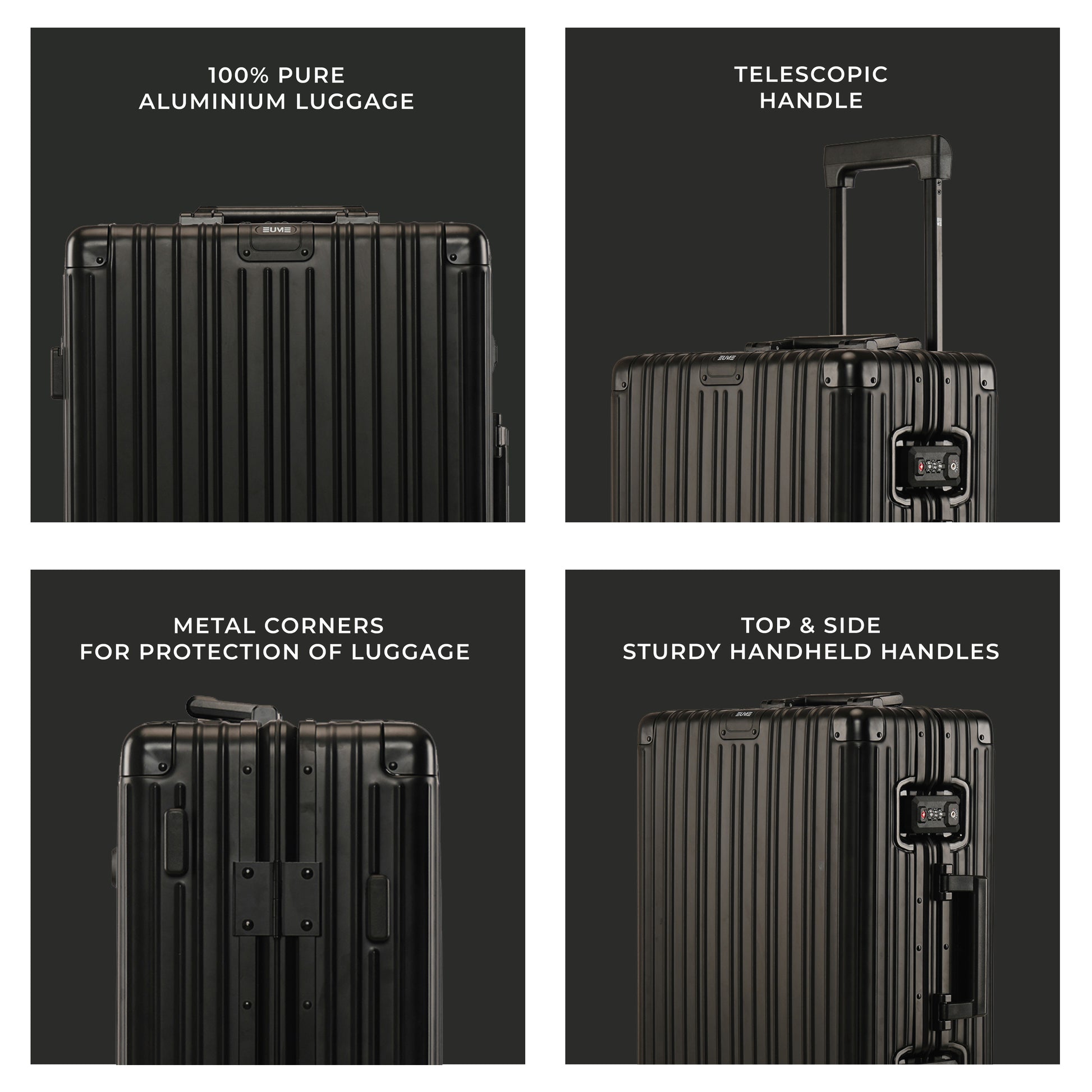 Aluminium Black Cabin suitcase features, telescopic handle and metal corners.