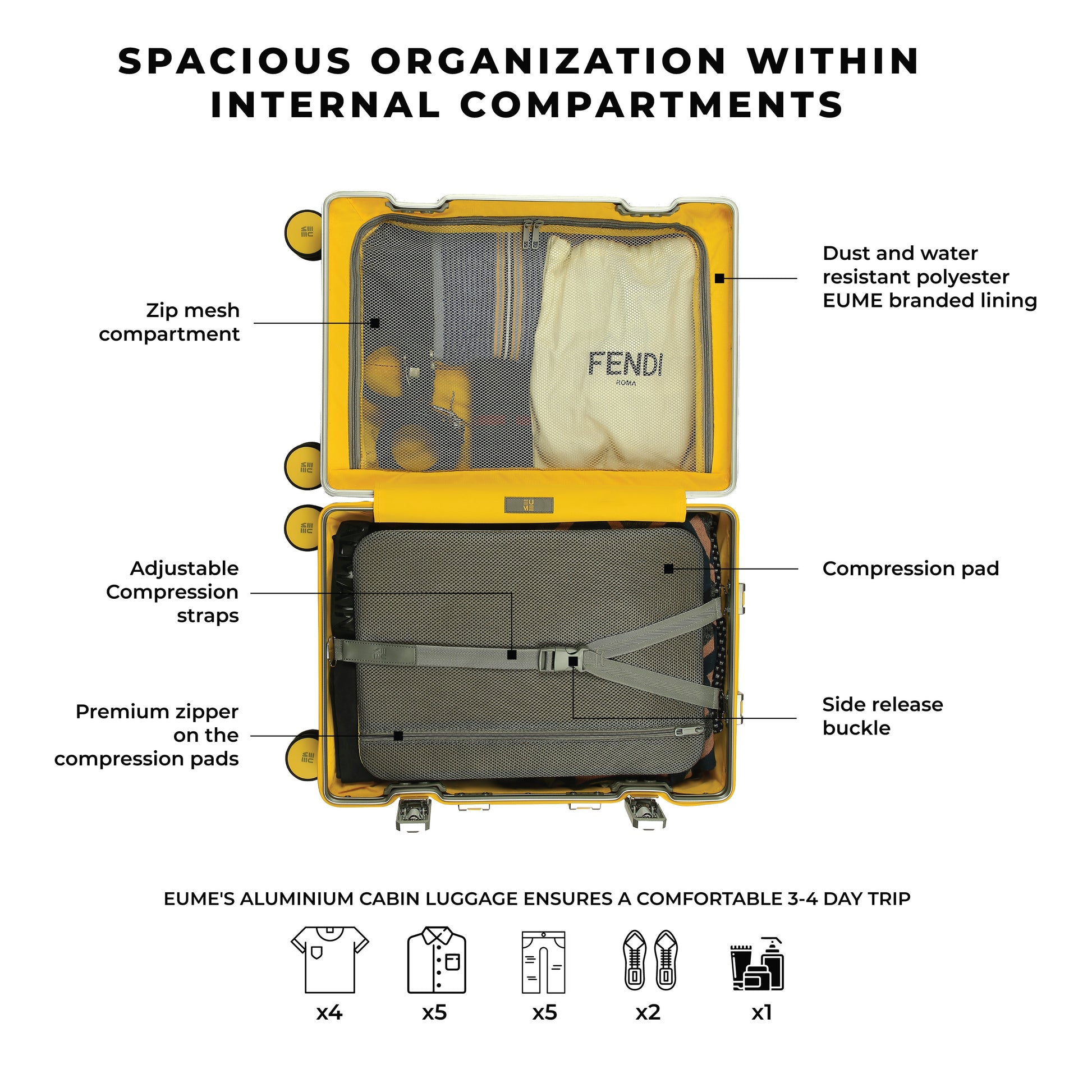 "Interior view of Aluminium Black Cabin luggage with compartments and accessories."