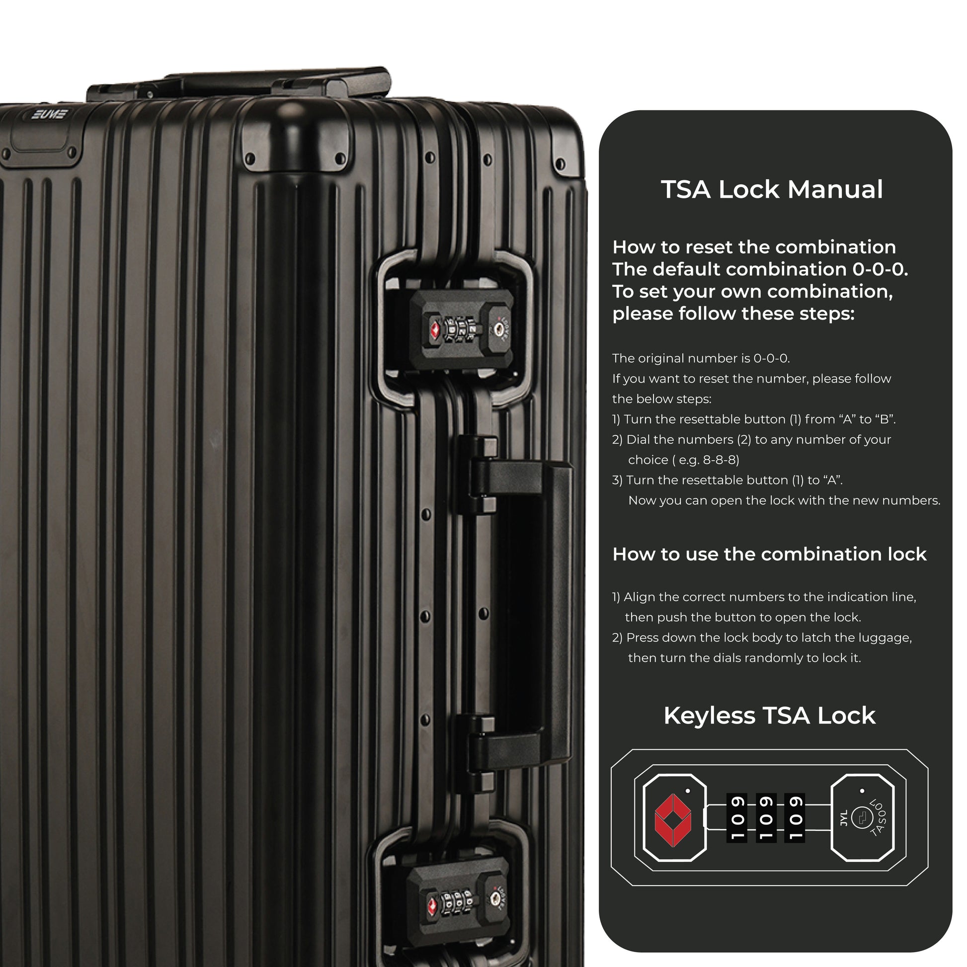 Aluminium Black Cabin suitcase with TSA lock manual instructions.