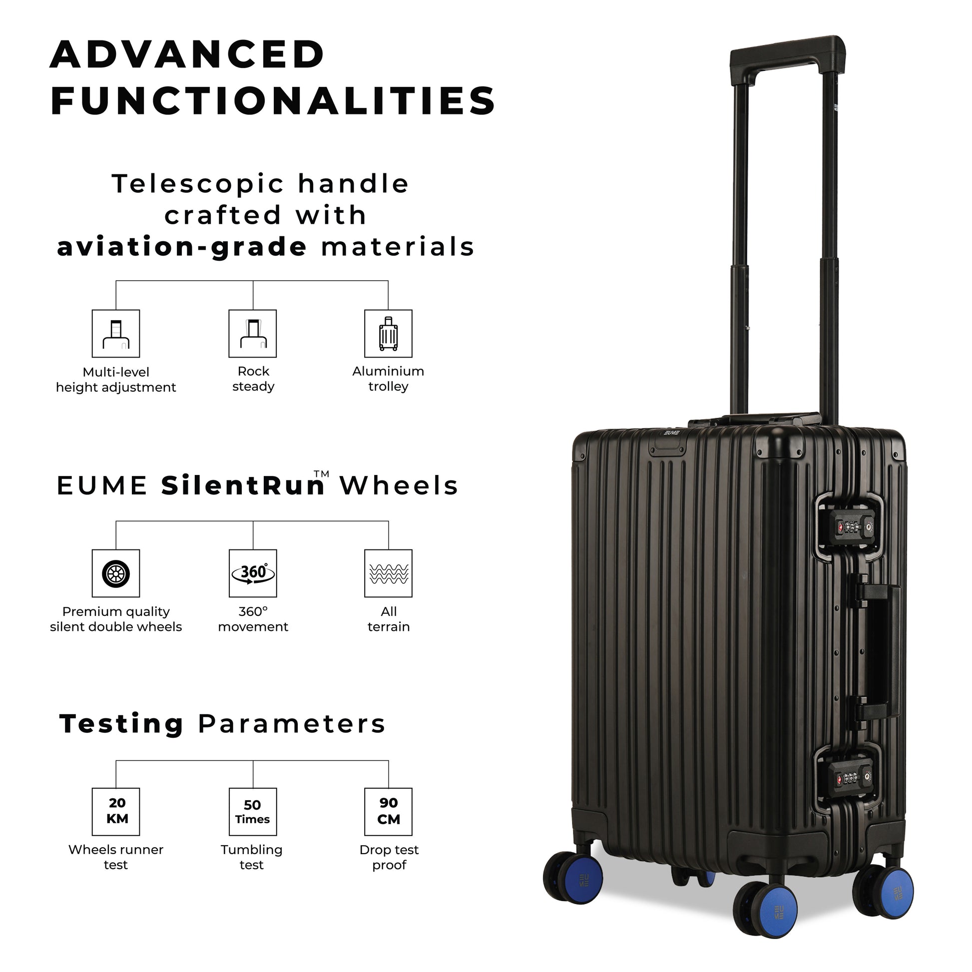 Aluminium Black Cabin suitcase features advanced functionalities and silent wheels.