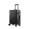 Aluminium black cabin suitcase with multi-directional wheels and telescopic handle.