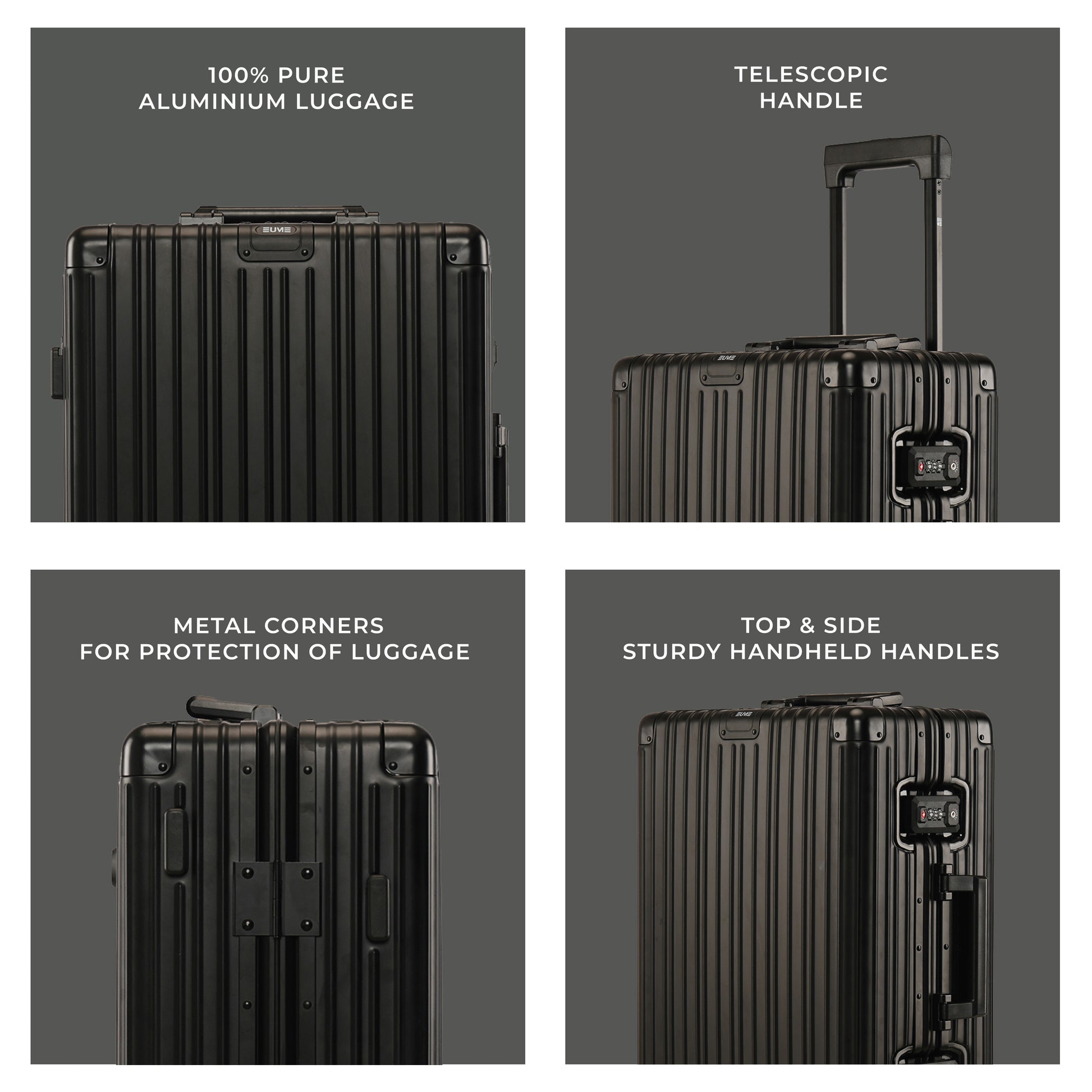 Aluminium Black Cabin suitcase with telescopic handle and durable design.