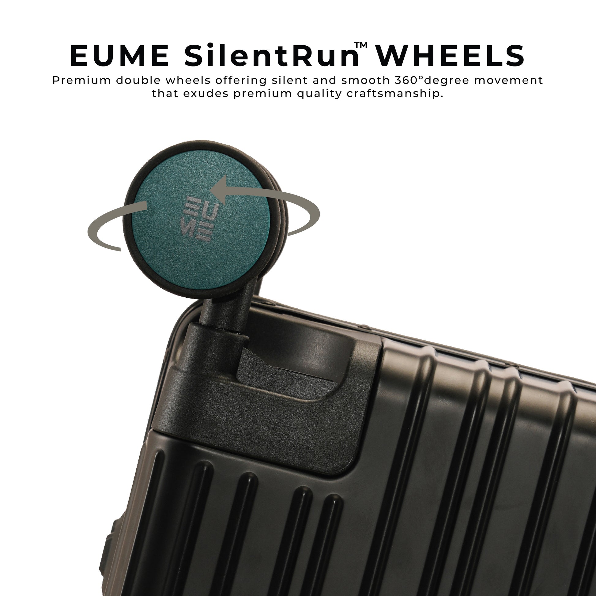 EUME SilentRun wheels on Aluminium Black Cabin luggage for smooth movement.