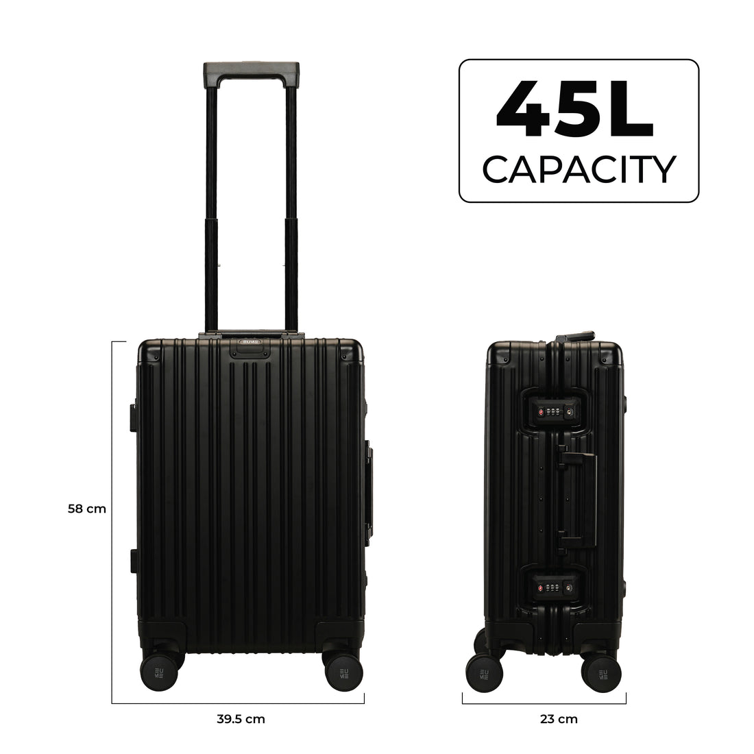 Aluminium black cabin suitcase with wheels and expandable handle.