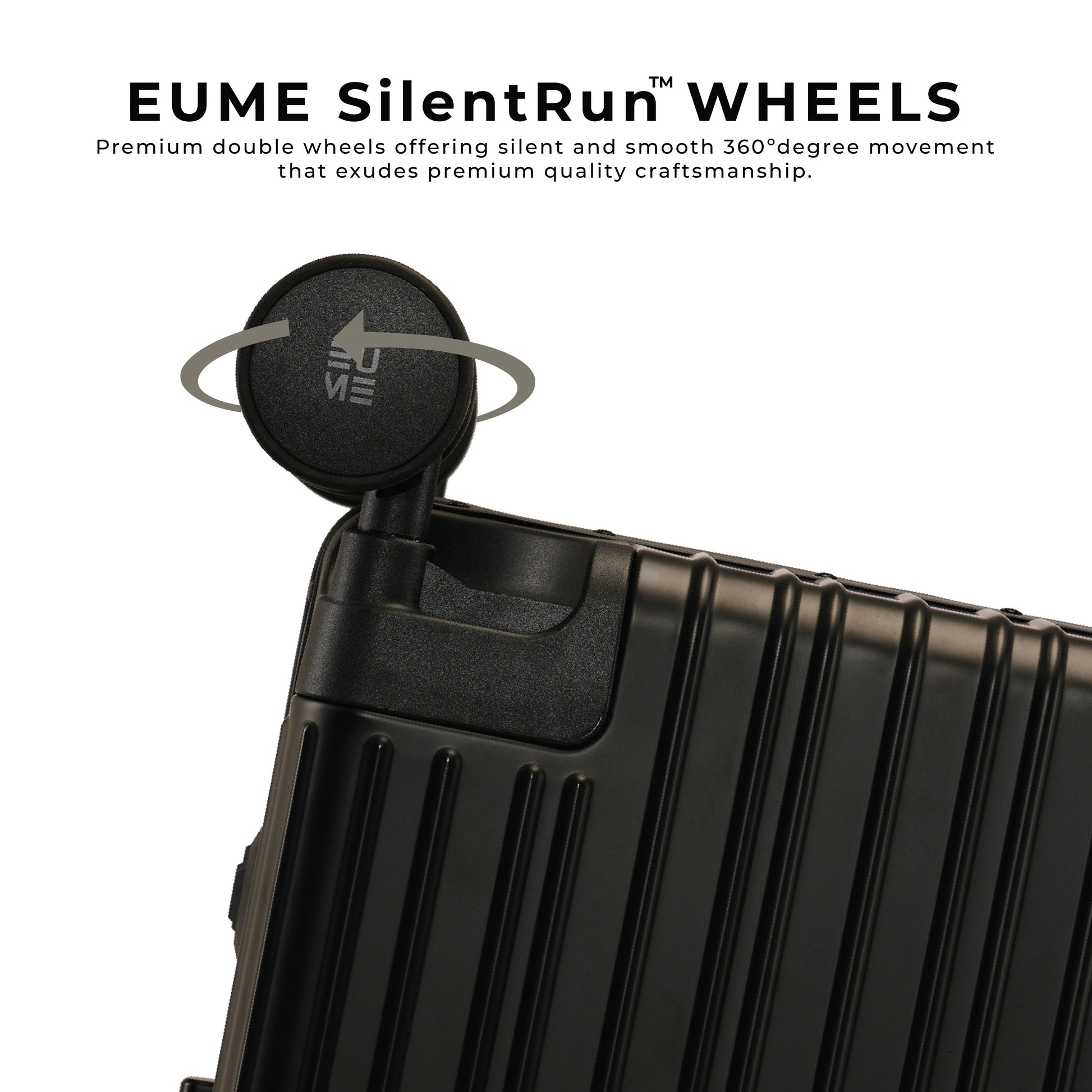 EUME Aluminium Black Cabin with SilentRun™ wheels for smooth travel.