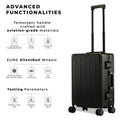 Aluminium Black Cabin suitcase with advanced functionalities and EUME SilentRun wheels.