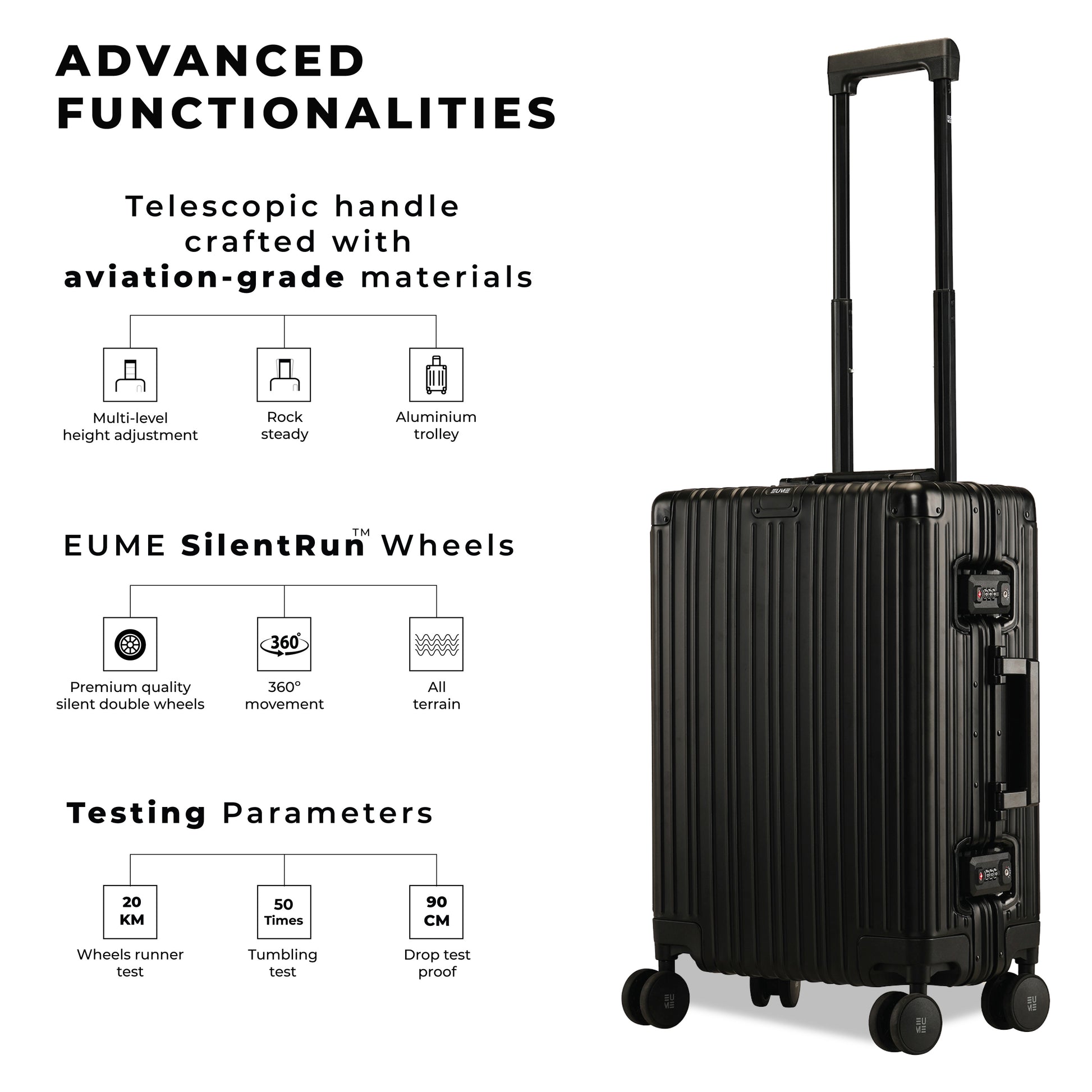 Aluminium Black Cabin suitcase with advanced functionalities and EUME SilentRun wheels.