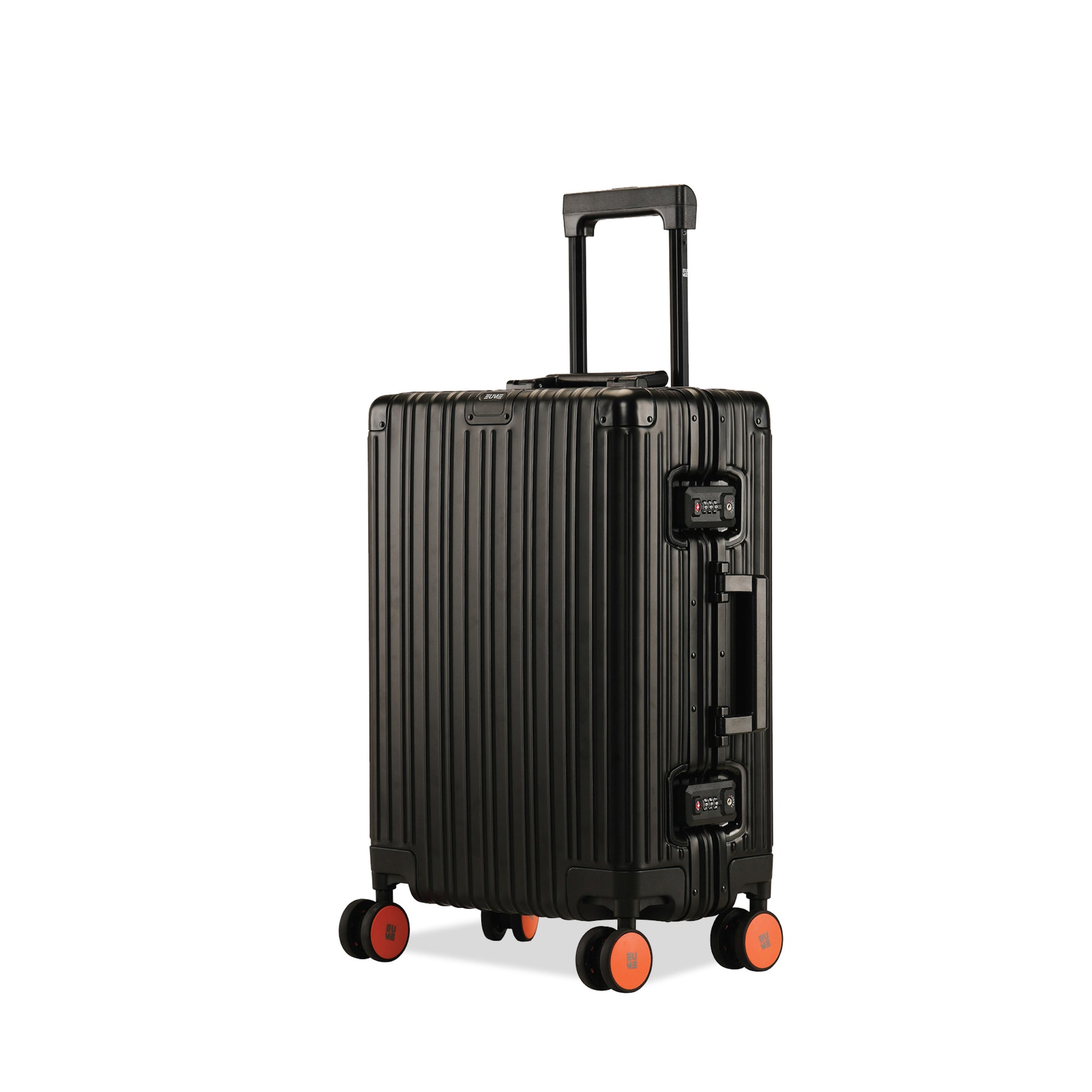 Aluminium black cabin suitcase with orange wheels and retractable handle.