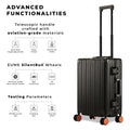 Aluminium Black Cabin suitcase with advanced functionalities and durable wheels.