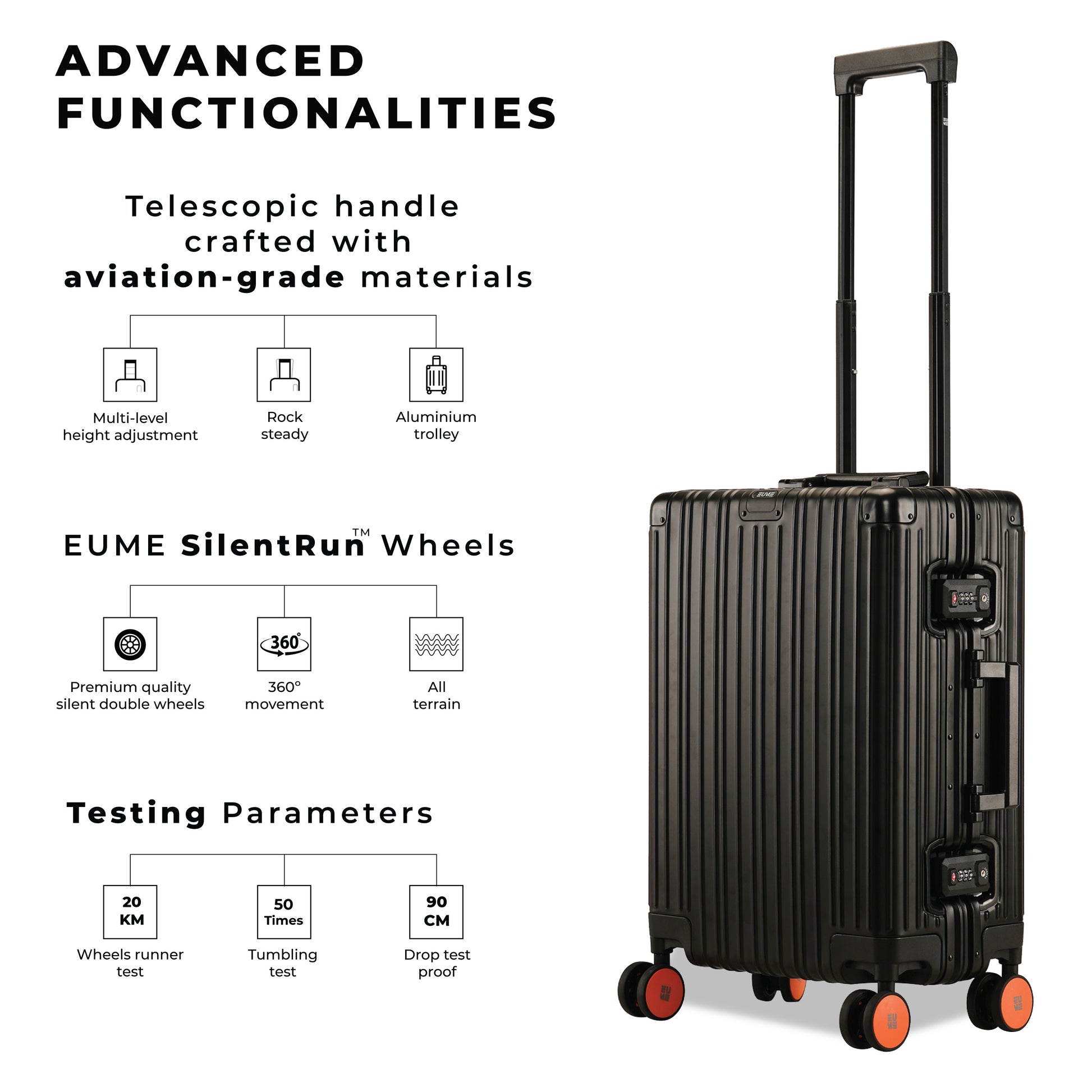 Aluminium Black Cabin suitcase with advanced functionalities and durable wheels.