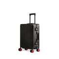 Aluminium Black Cabin suitcase with red wheels and extendable handle.