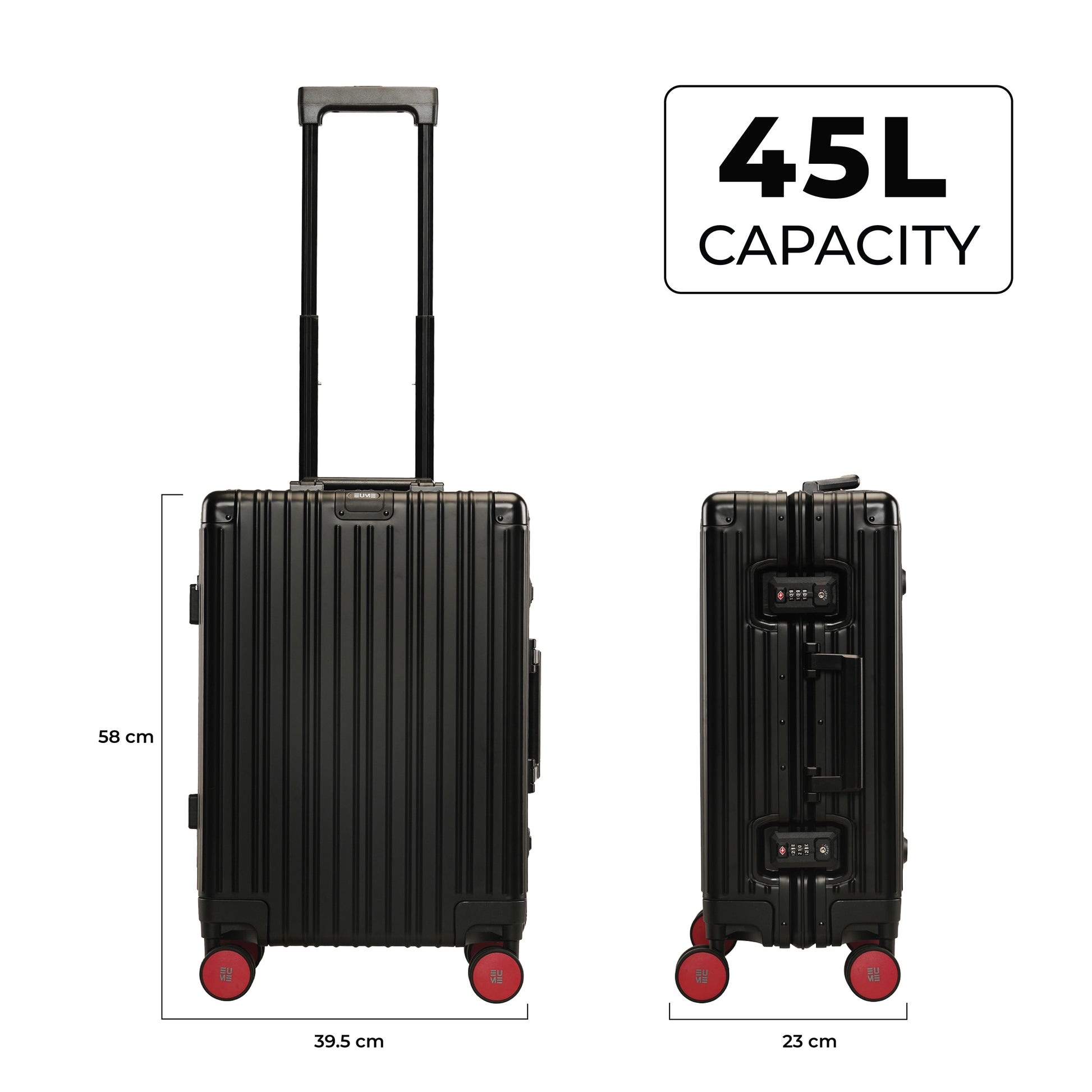 Aluminium Black Cabin suitcase with 45L capacity and smooth-rolling wheels.