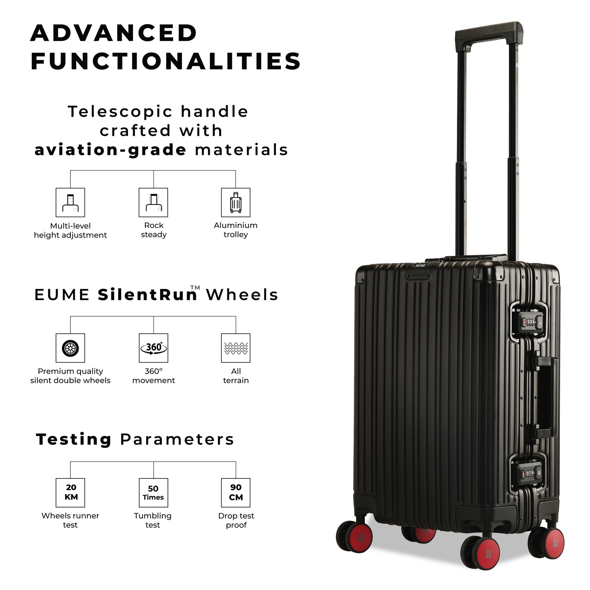 Aluminium Black Cabin suitcase features advanced functionalities and durable design.