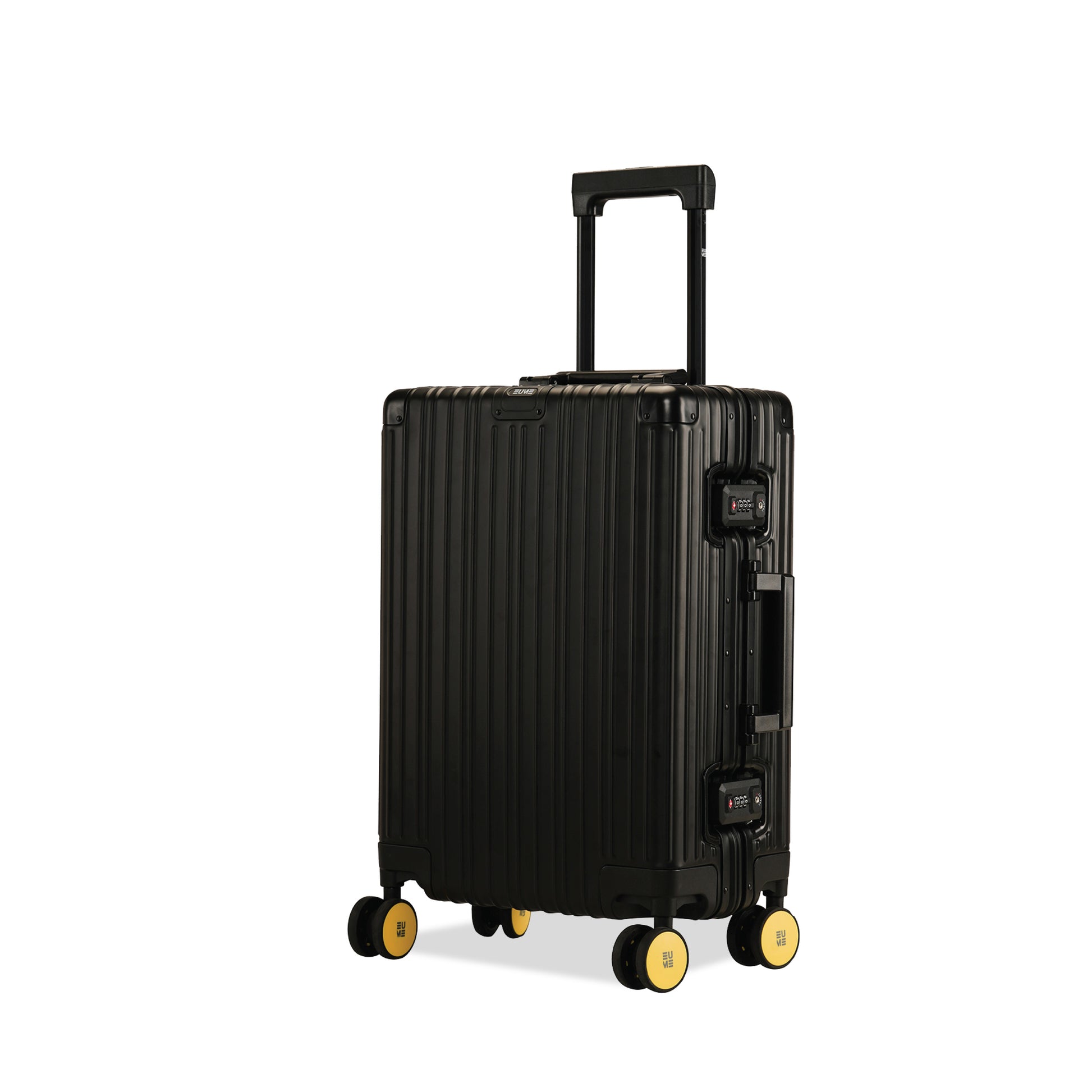 Black aluminium cabin suitcase with yellow wheels and retractable handle.