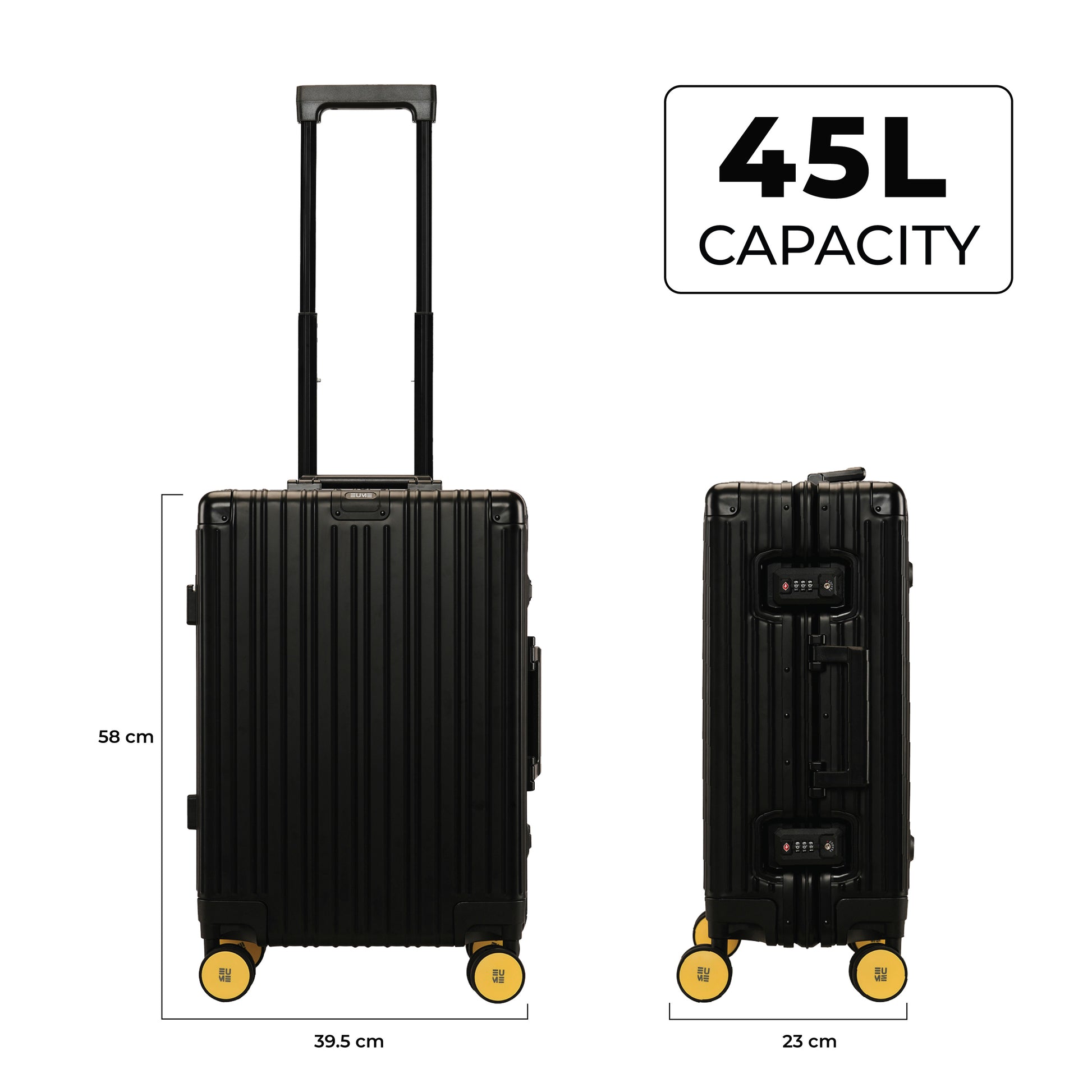 Aluminium Black Cabin suitcase with 45L capacity and dimensions.