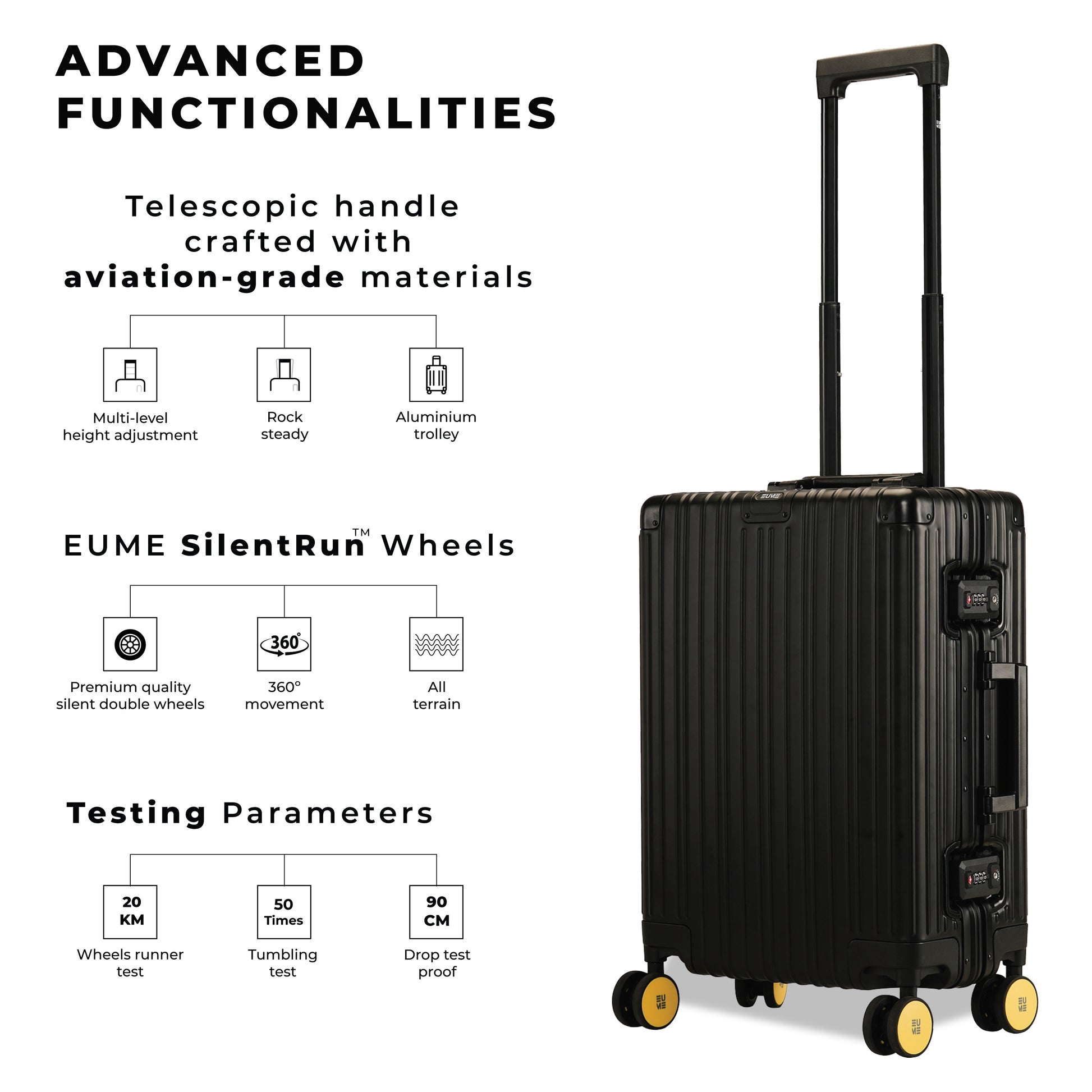 Aluminium Black Cabin suitcase with advanced functionalities and silent wheels.