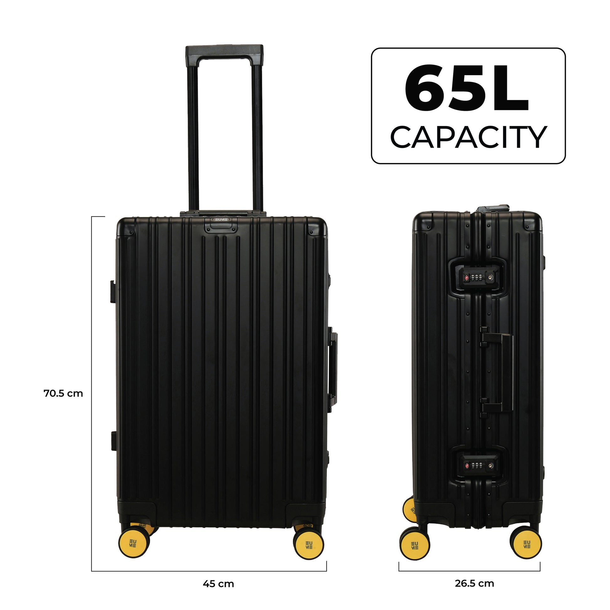 Aluminium Black Check-In Medium luggage with 65L capacity and dimensions.