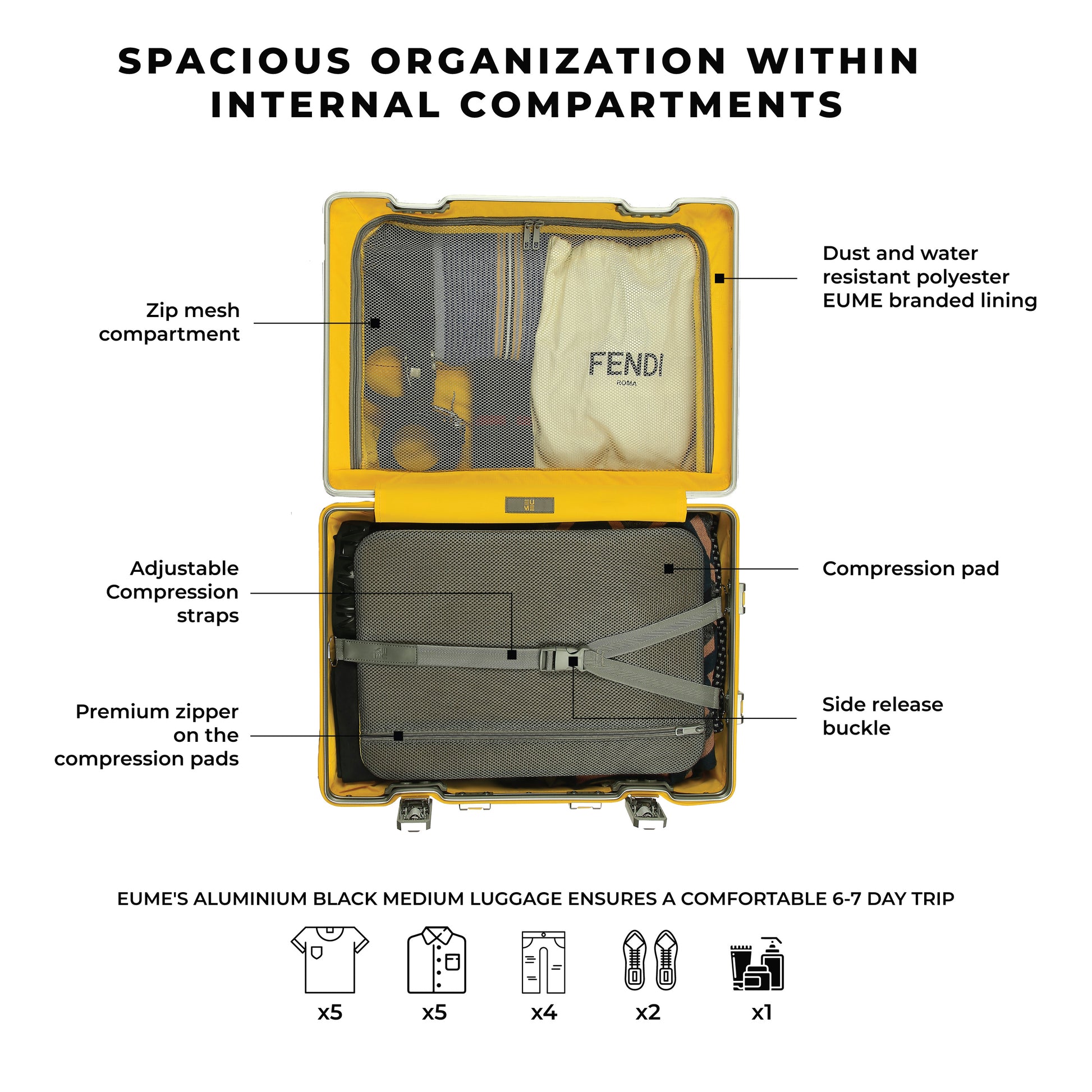 Spacious interior organization of EUME's Aluminium Black Check-In Medium luggage.