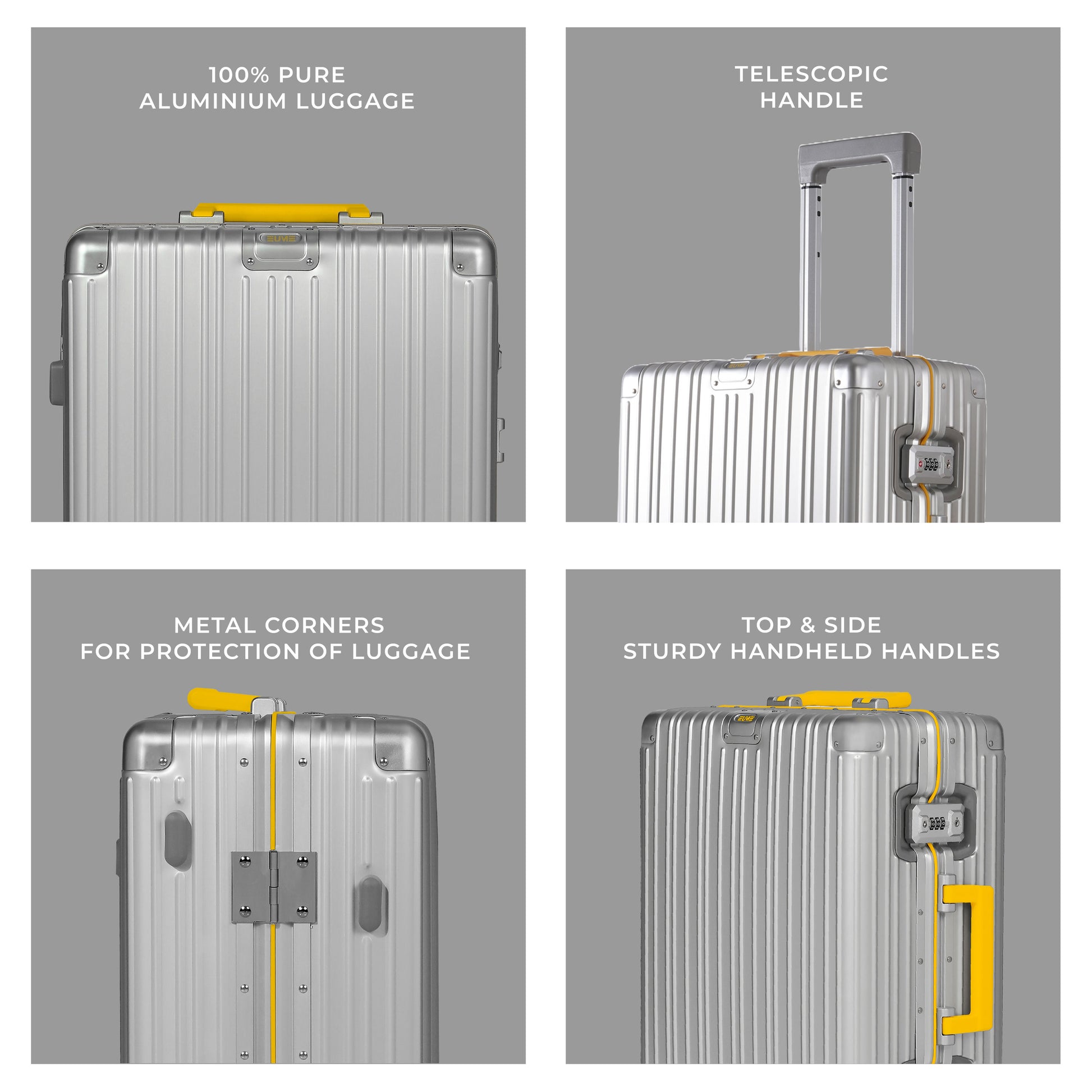 Aluminium Cabin luggage featuring durable design and multiple handles.