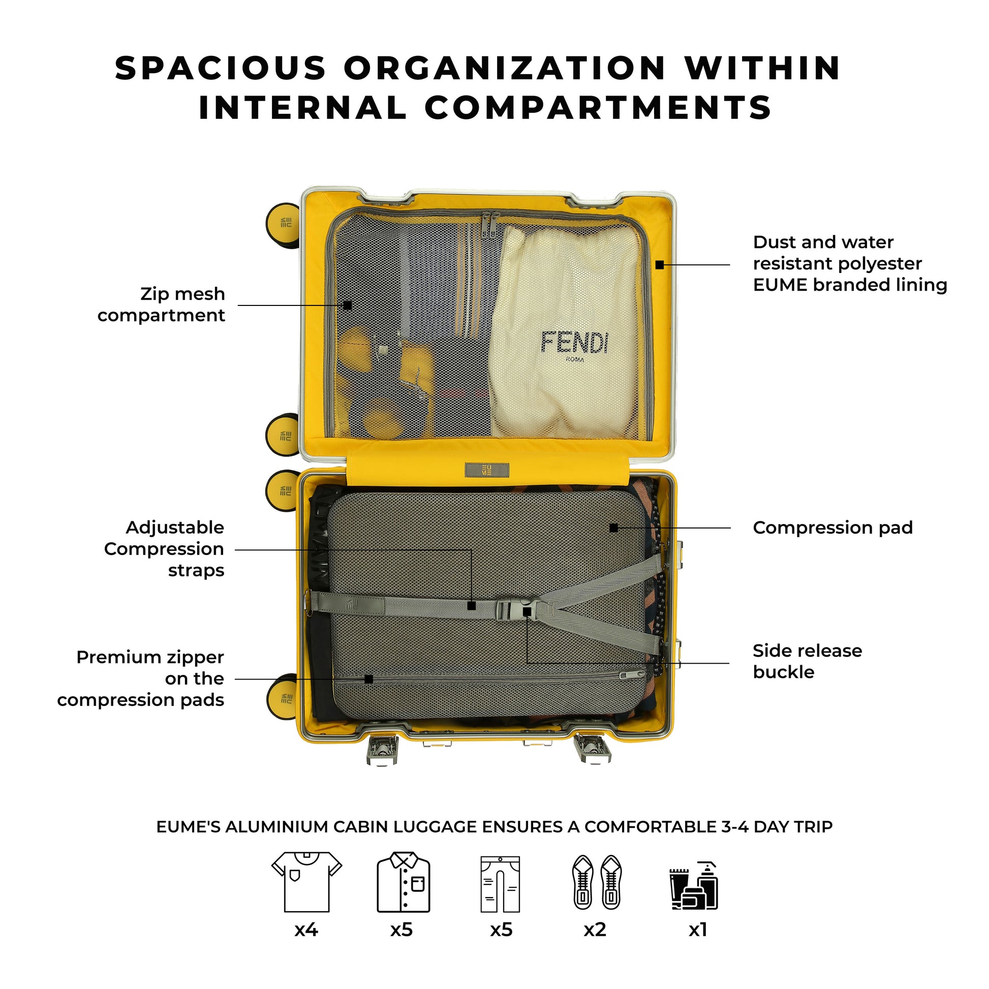 Spacious internal organization of EUME Aluminium Cabin luggage compartments.