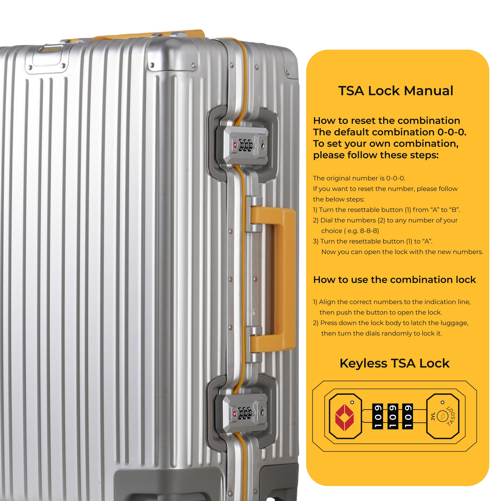 Aluminium cabin suitcase with TSA lock and combination reset instructions.