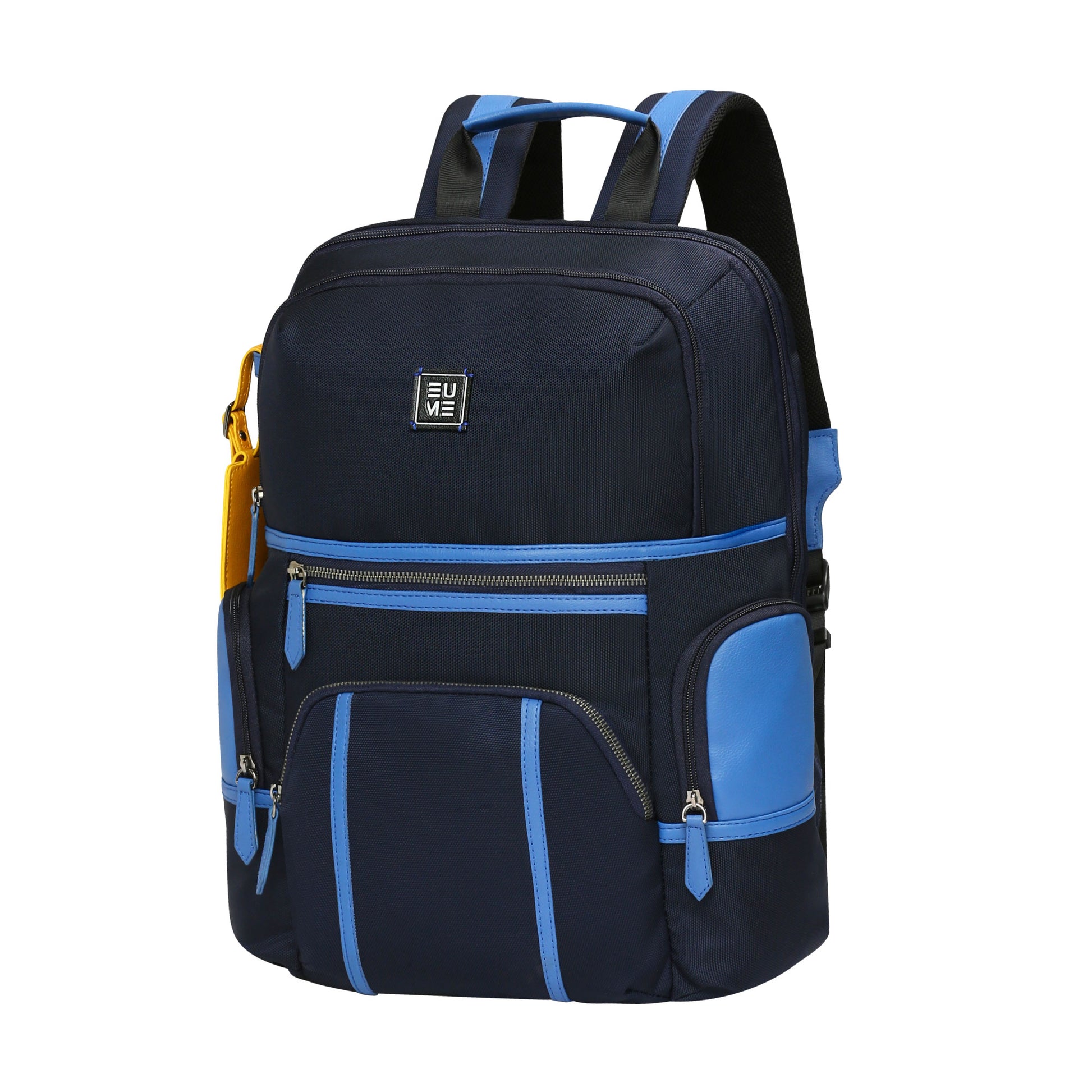 Stylish navy and blue backpack with multiple pockets and zippers.