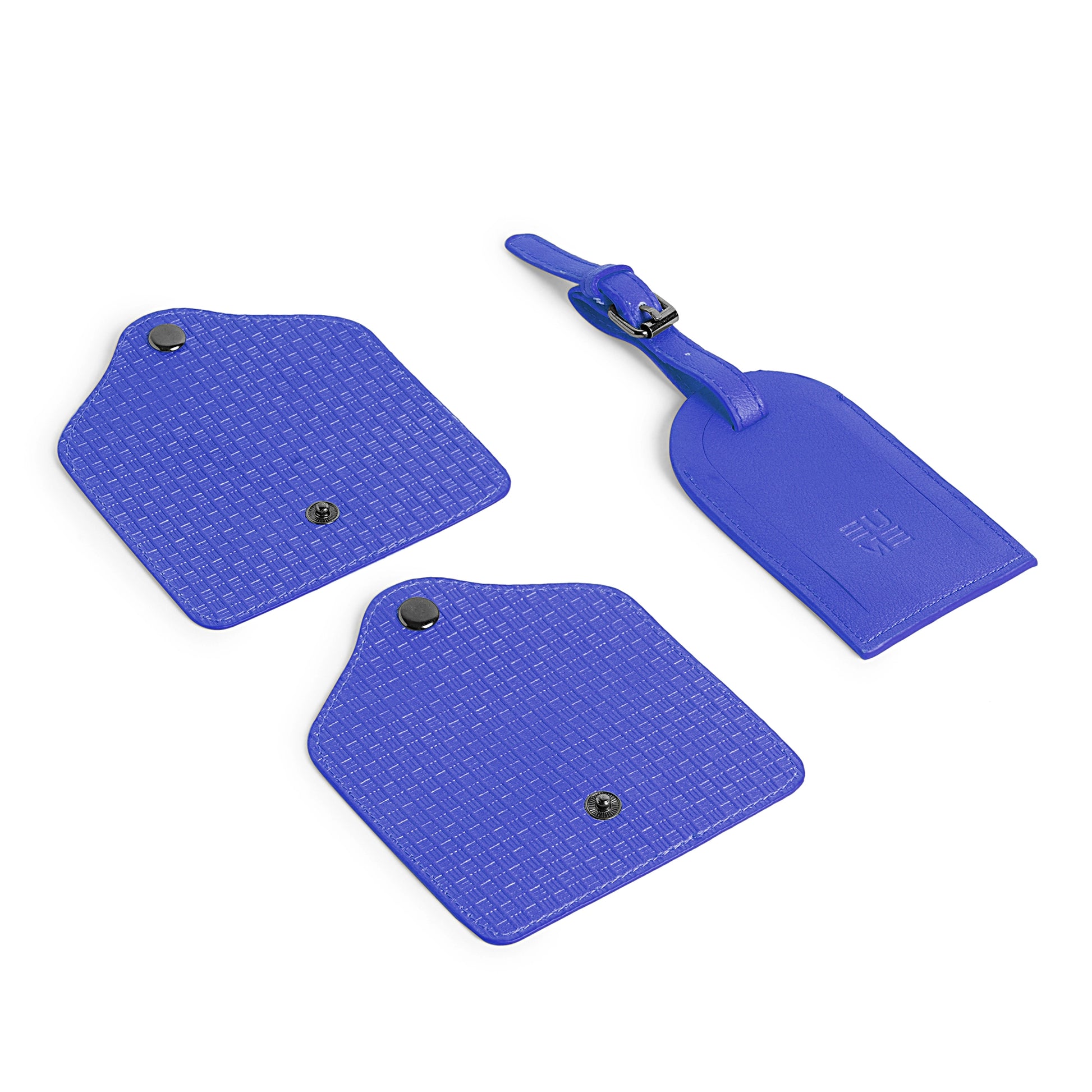 Blue accessory kit featuring luggage tags and identification card holders.