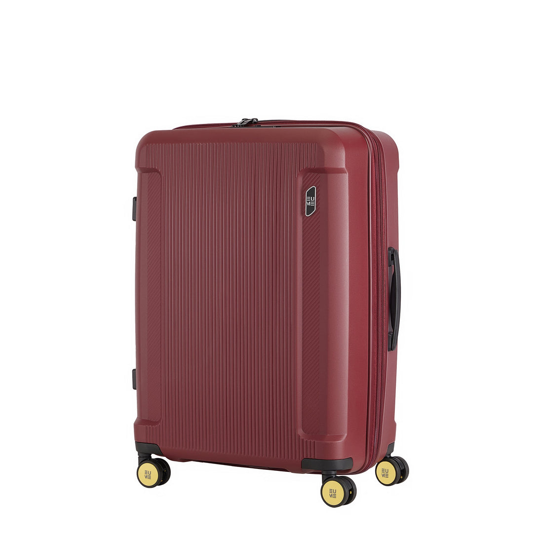 Red hard-shell suitcase with telescopic handle and spinner wheels